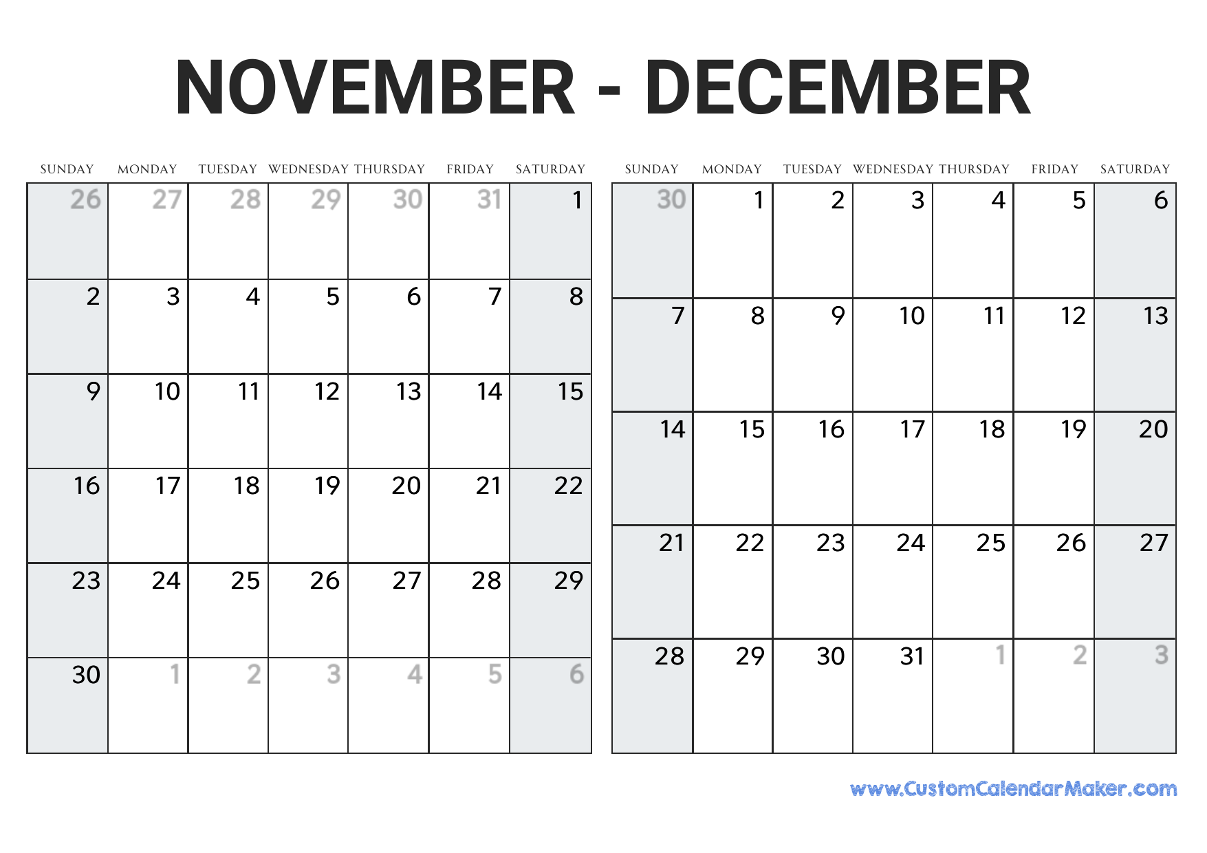 November And December 2025 Calendar Custom Calendar Maker