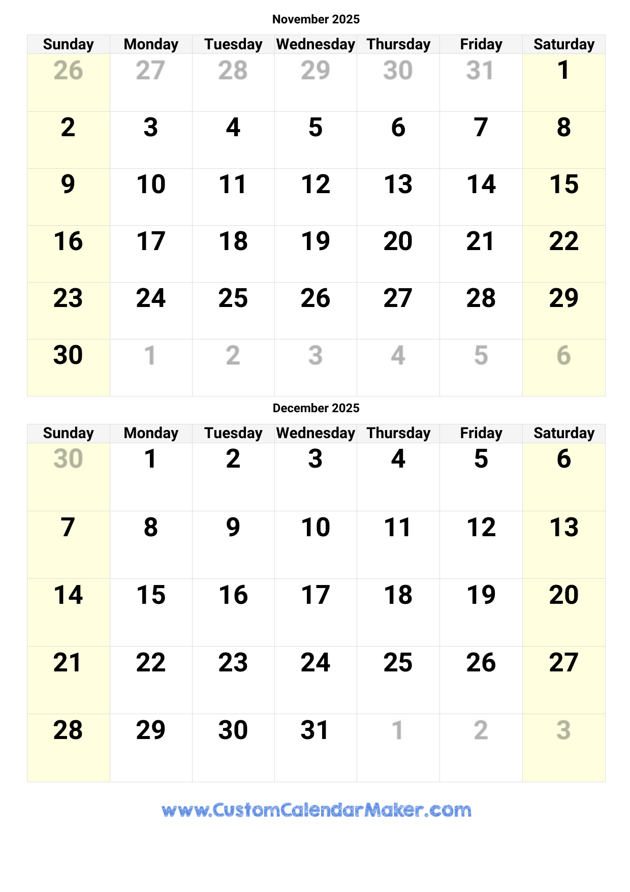 Calendar Printable November And December 2025