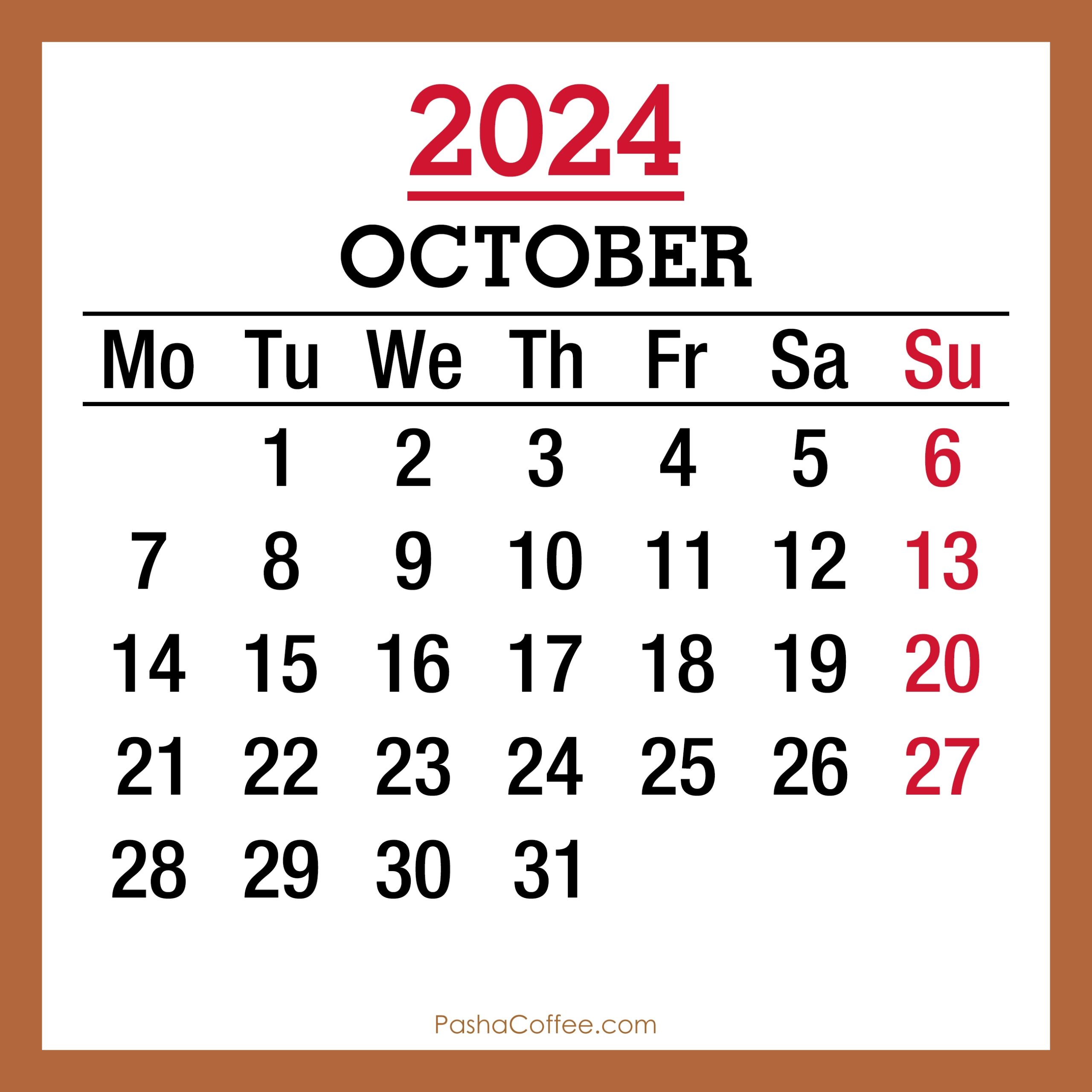 Free Printable October 24 Calendar