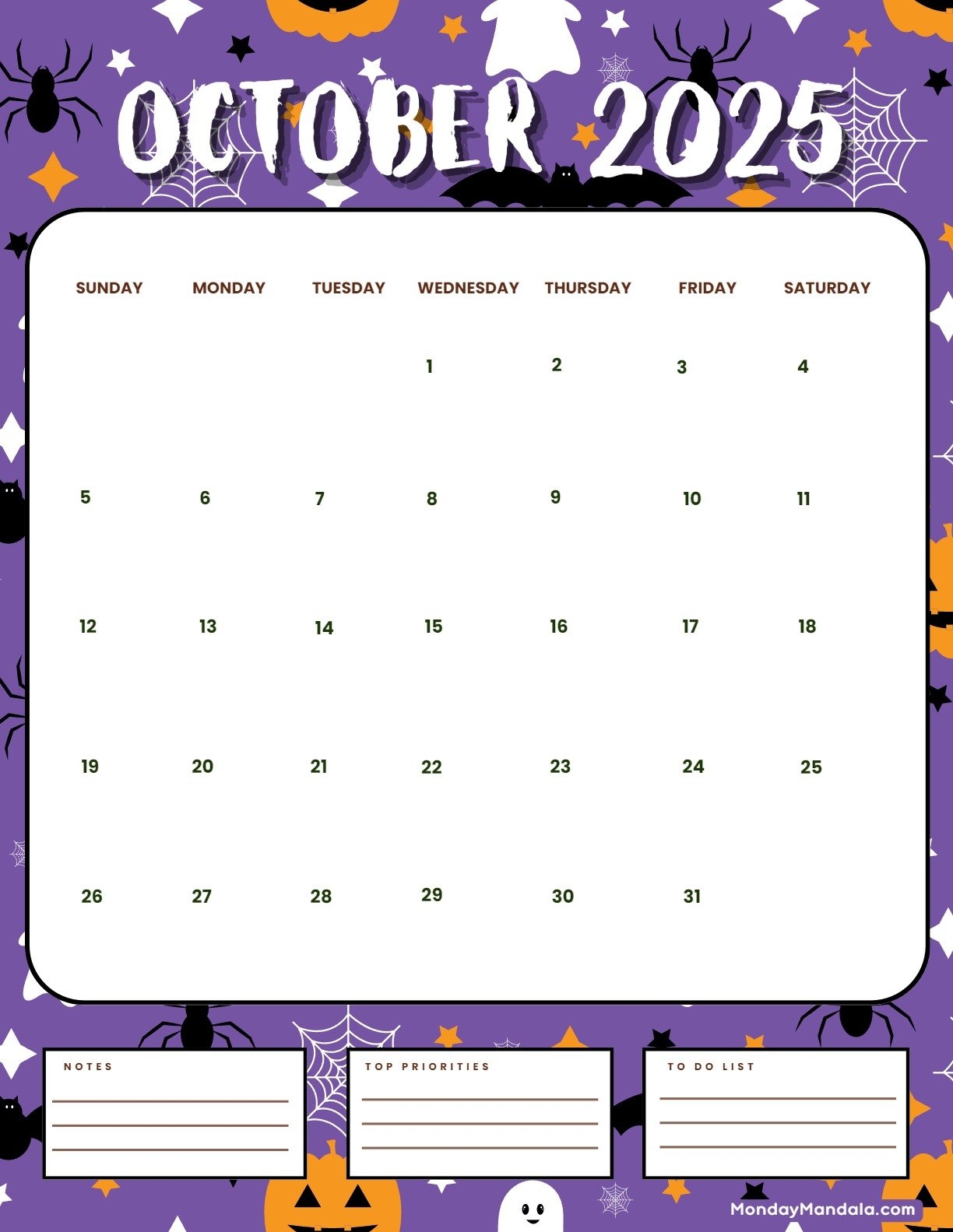 Free Printable October 2025 Calendar Halloween