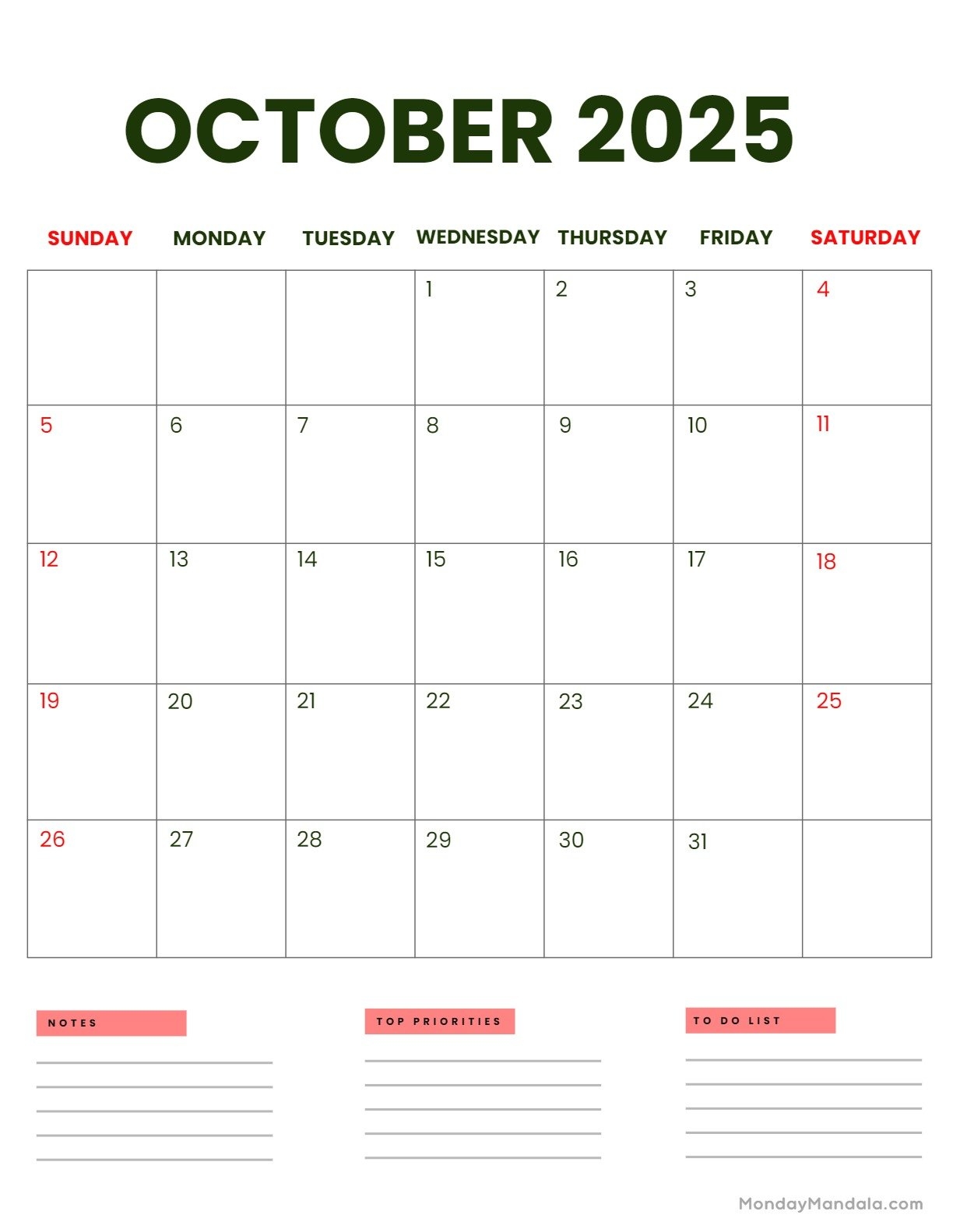 October 2025 Calendar 52 Free PDF Printables 