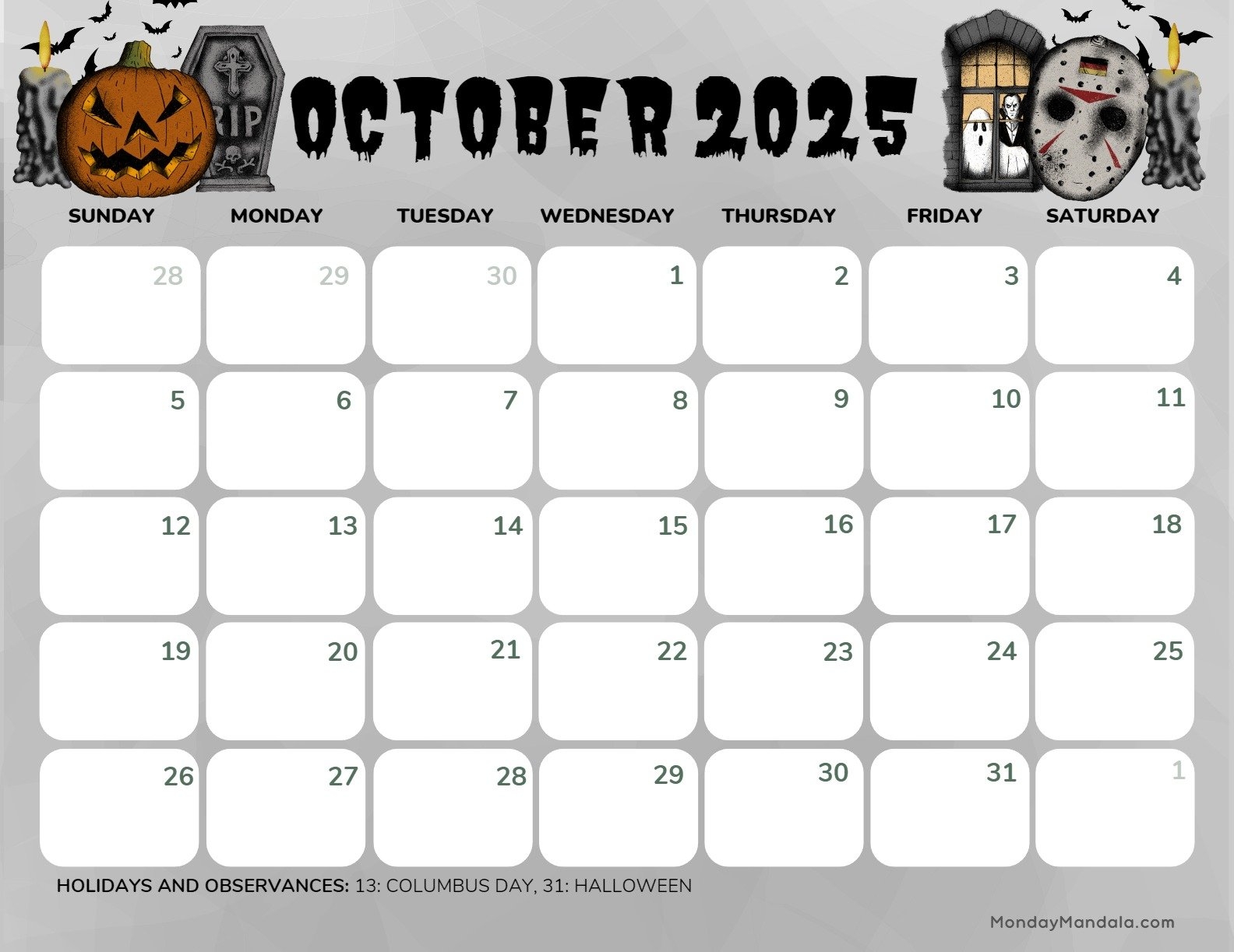 October Halloween 2025 Calendar