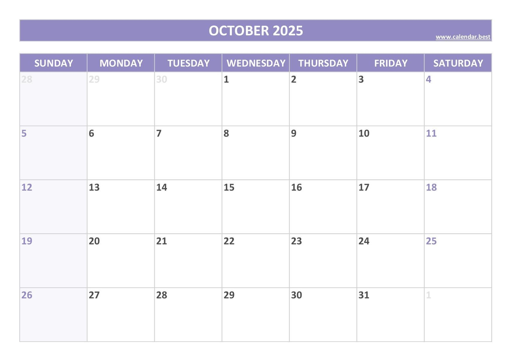 Free Printable Blank Calendar October 2025