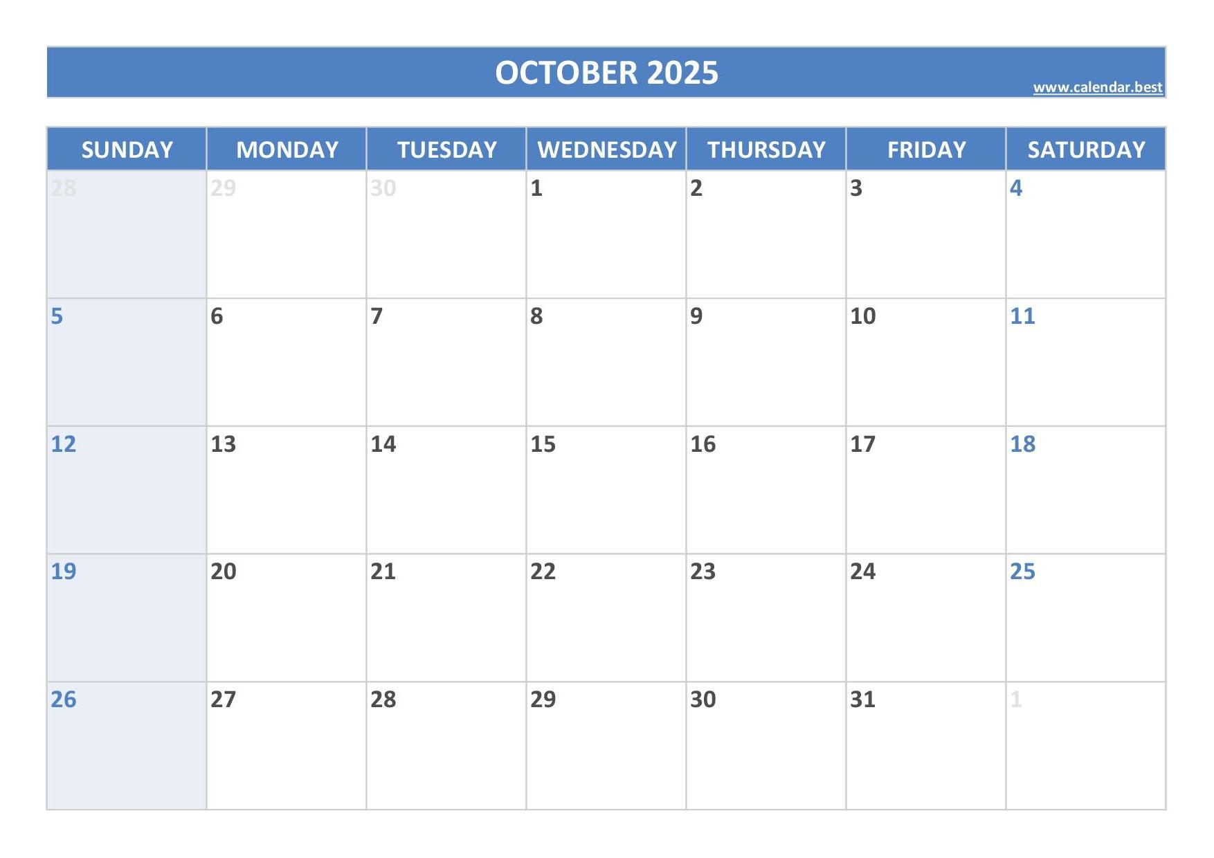 Monthly Calendar Printable October 2025