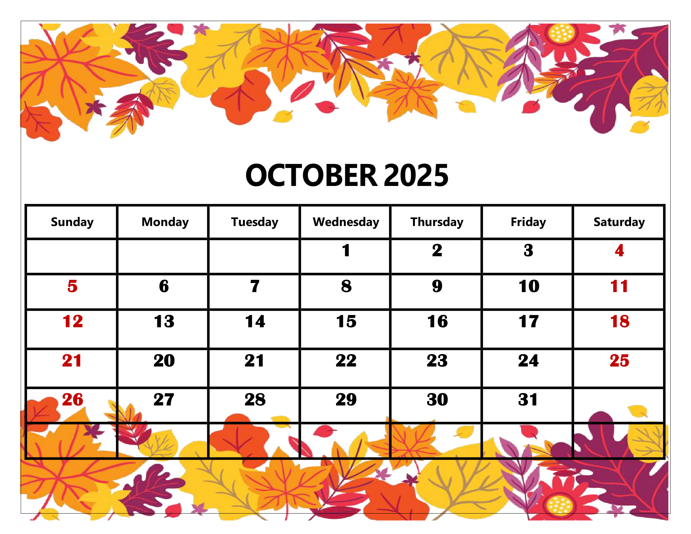 October Calendar 2025 Holidays