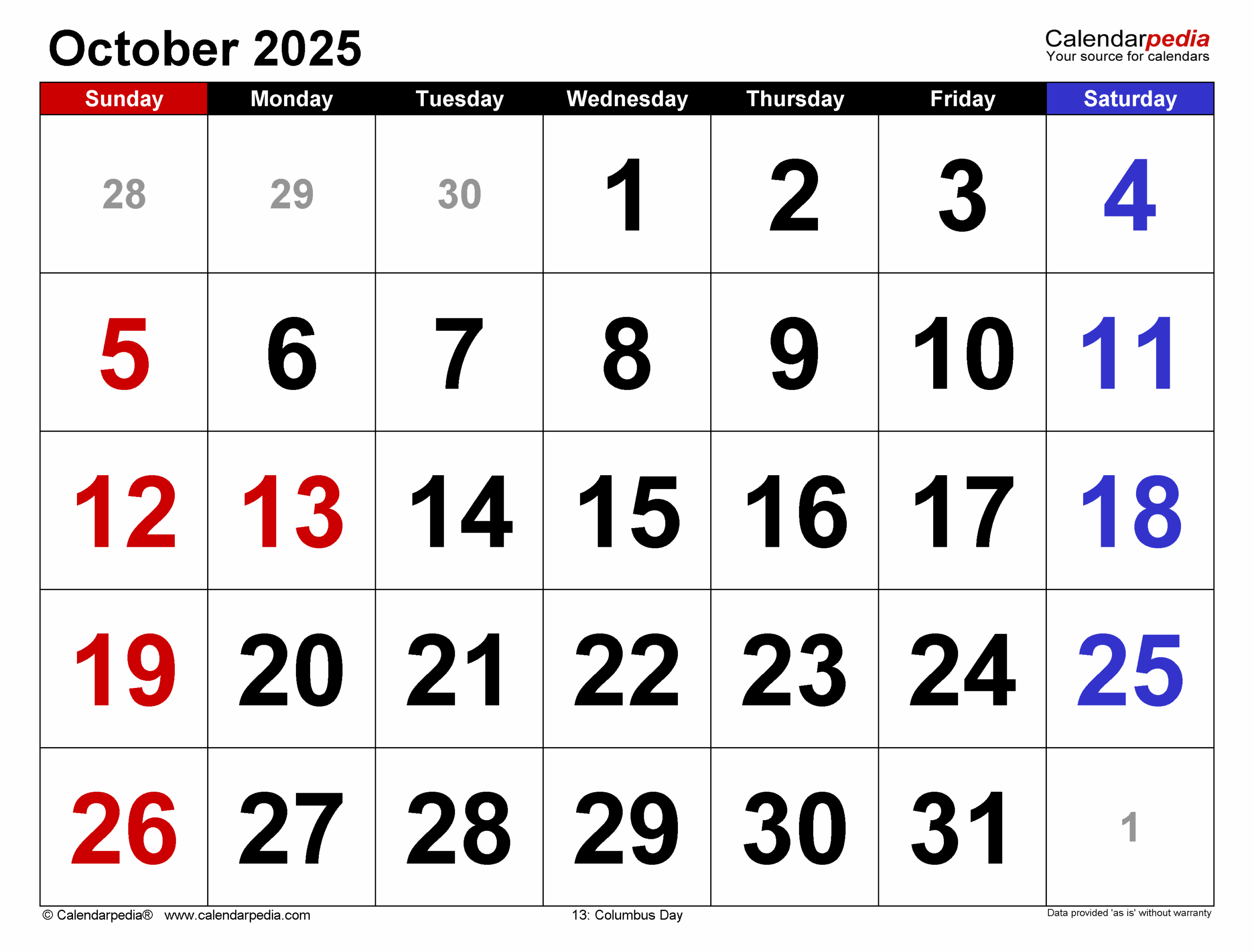 Blank Calendar Template October 2025 Printable