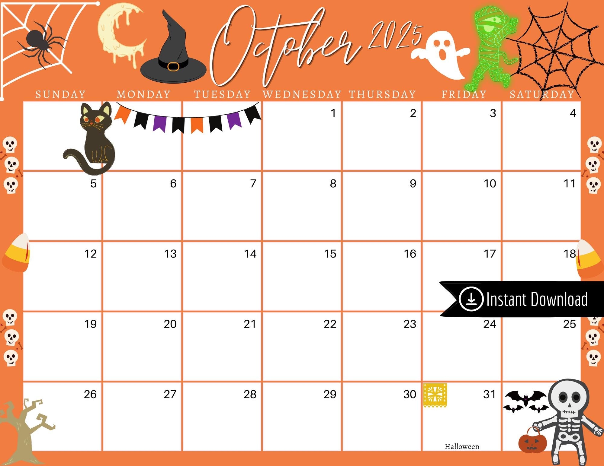 October 2025 Digital Calendar Orange Halloween Planner 