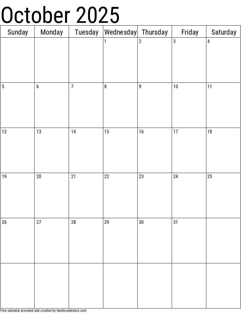 October 2025 Vertical Calendar Handy Calendars
