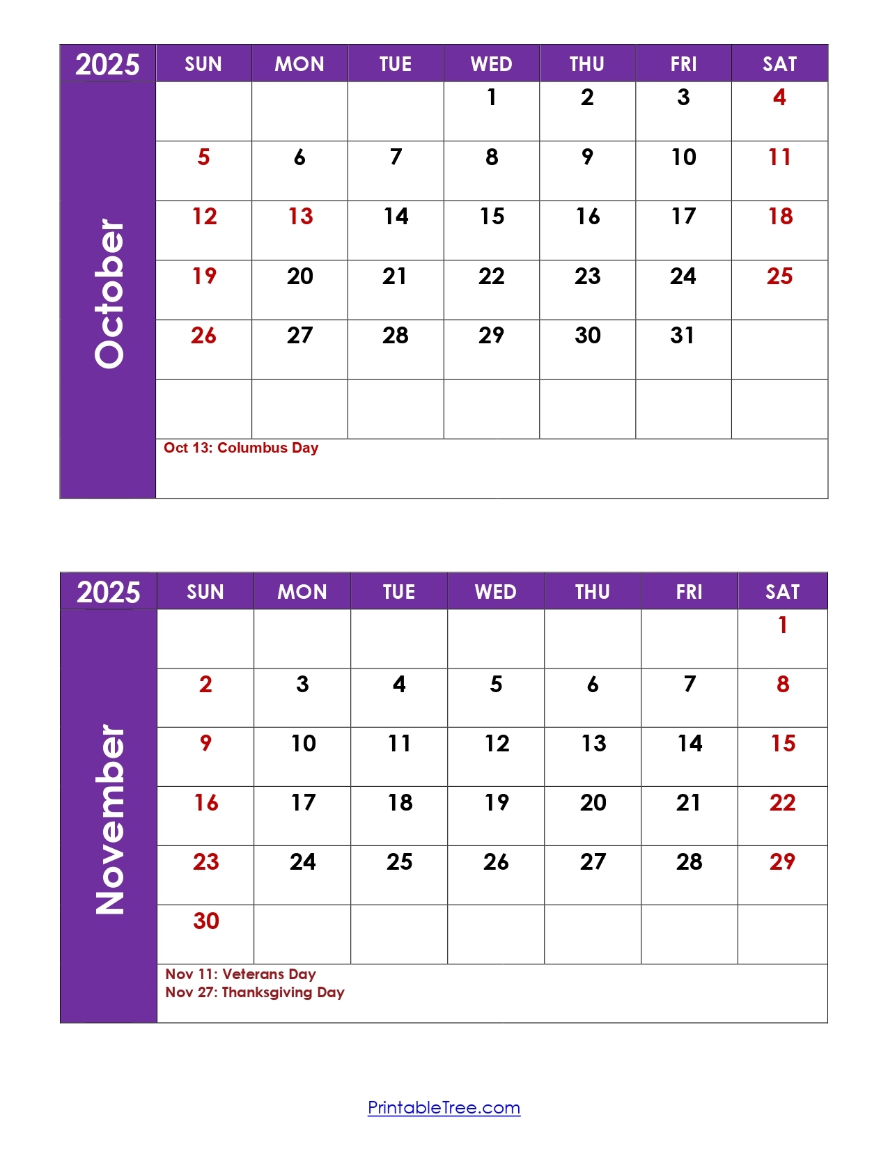 October And November 2025 Calendar Printable PDF Two Months Calendar