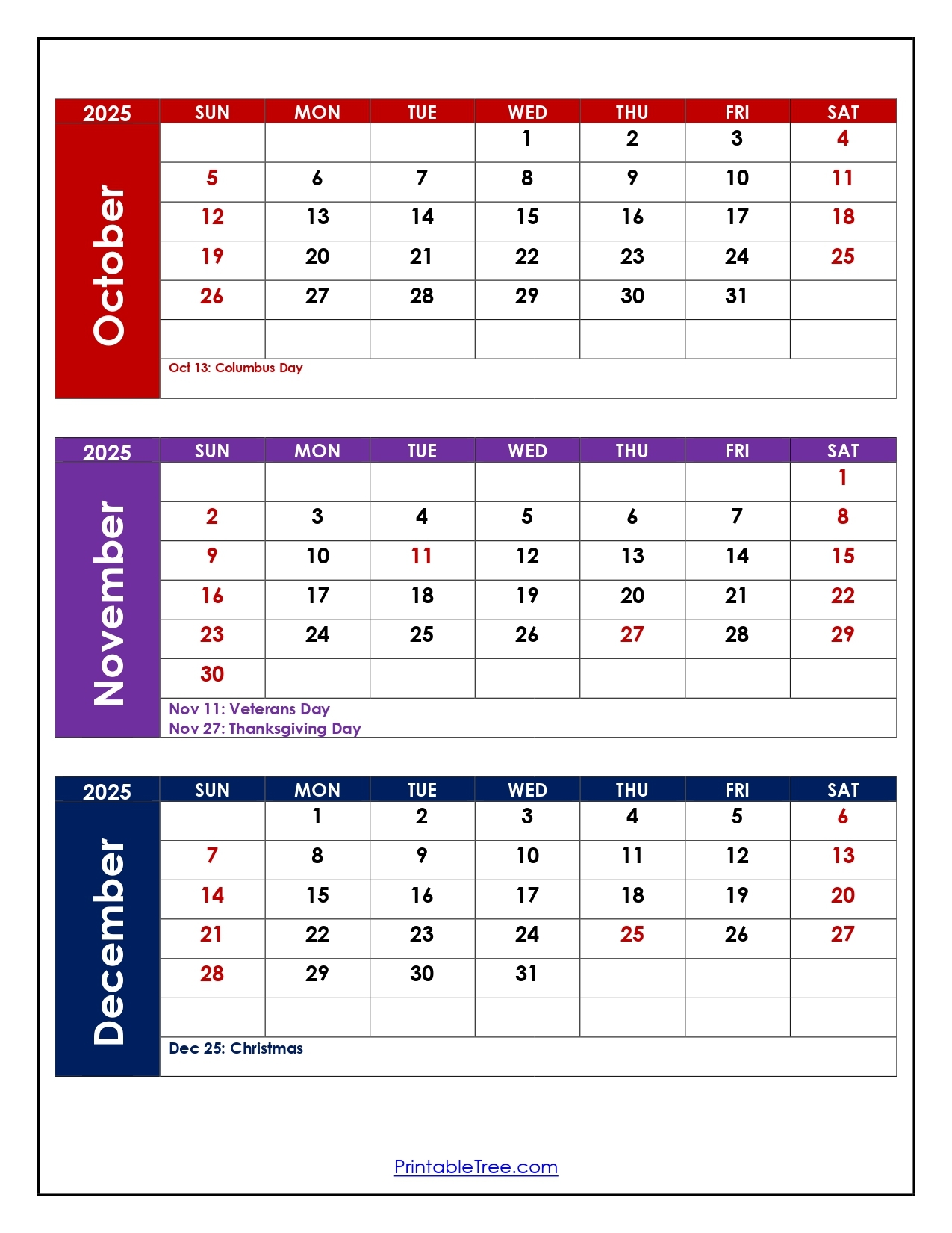 October To December 2025 Calendar Printable PDF Three Months Calendar