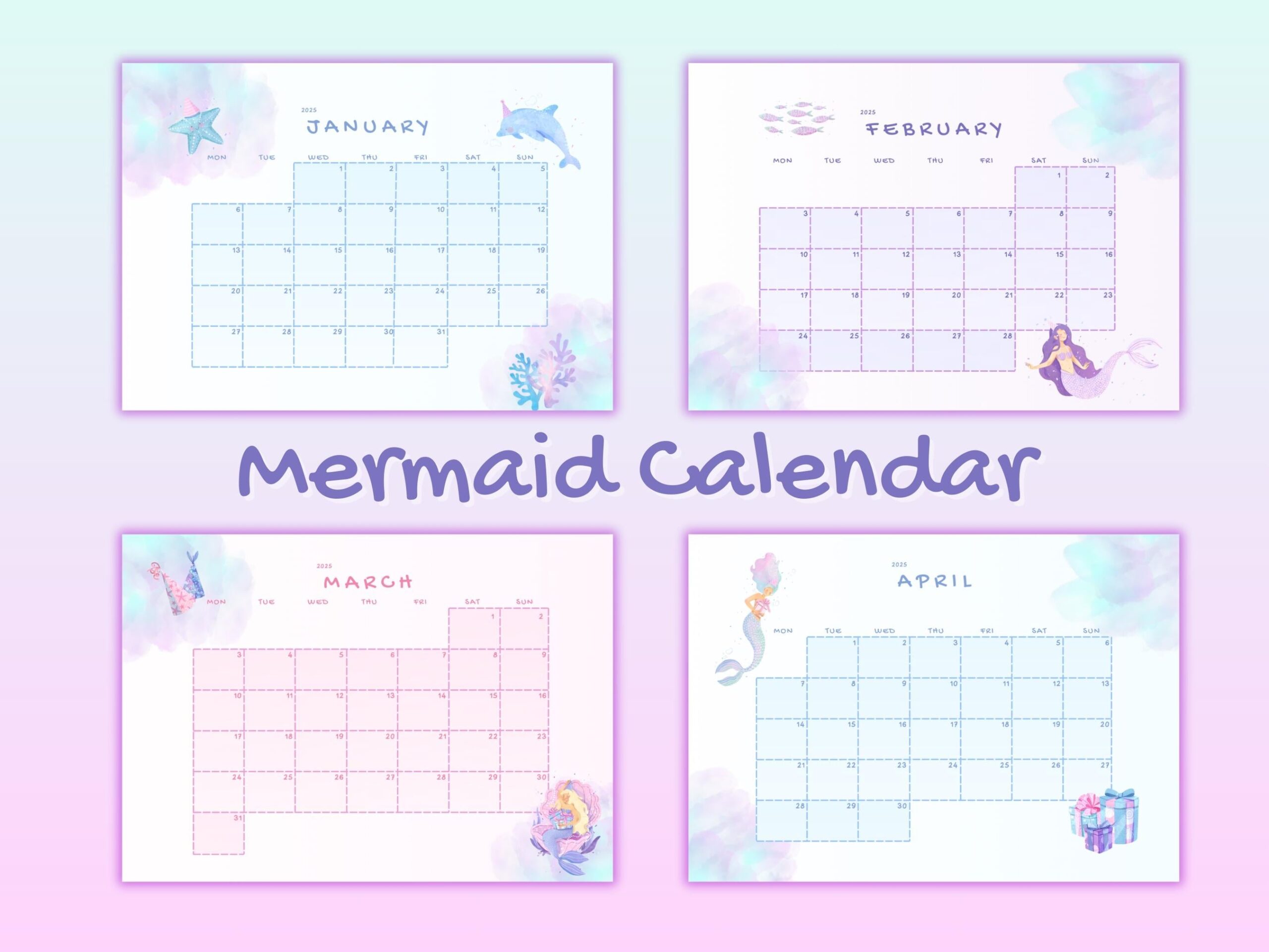 Open Cute Printable Calendar Blank Calender Watercolor Mermaids 2025 Monthly Planner Calendar Wall Desk Gift Colorful Mermaid Art Print Etsy