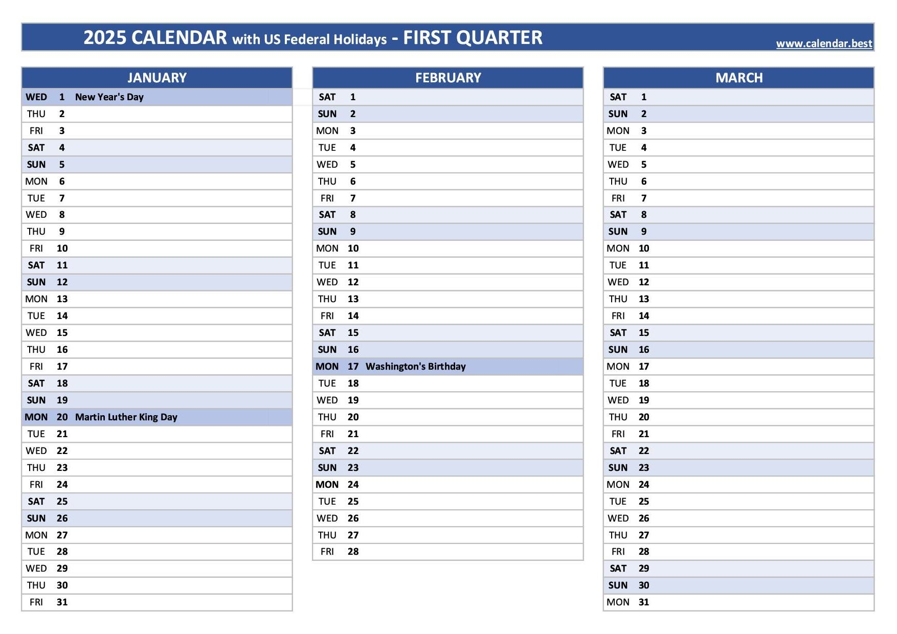 Printable 1st Quarter 2025 Calendar