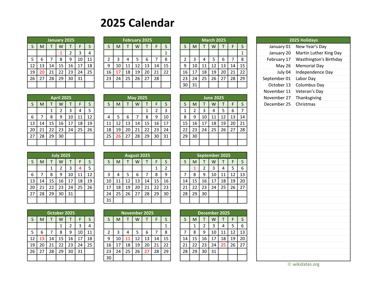 Free Printable 2025 Calendar With Holidays Without Download