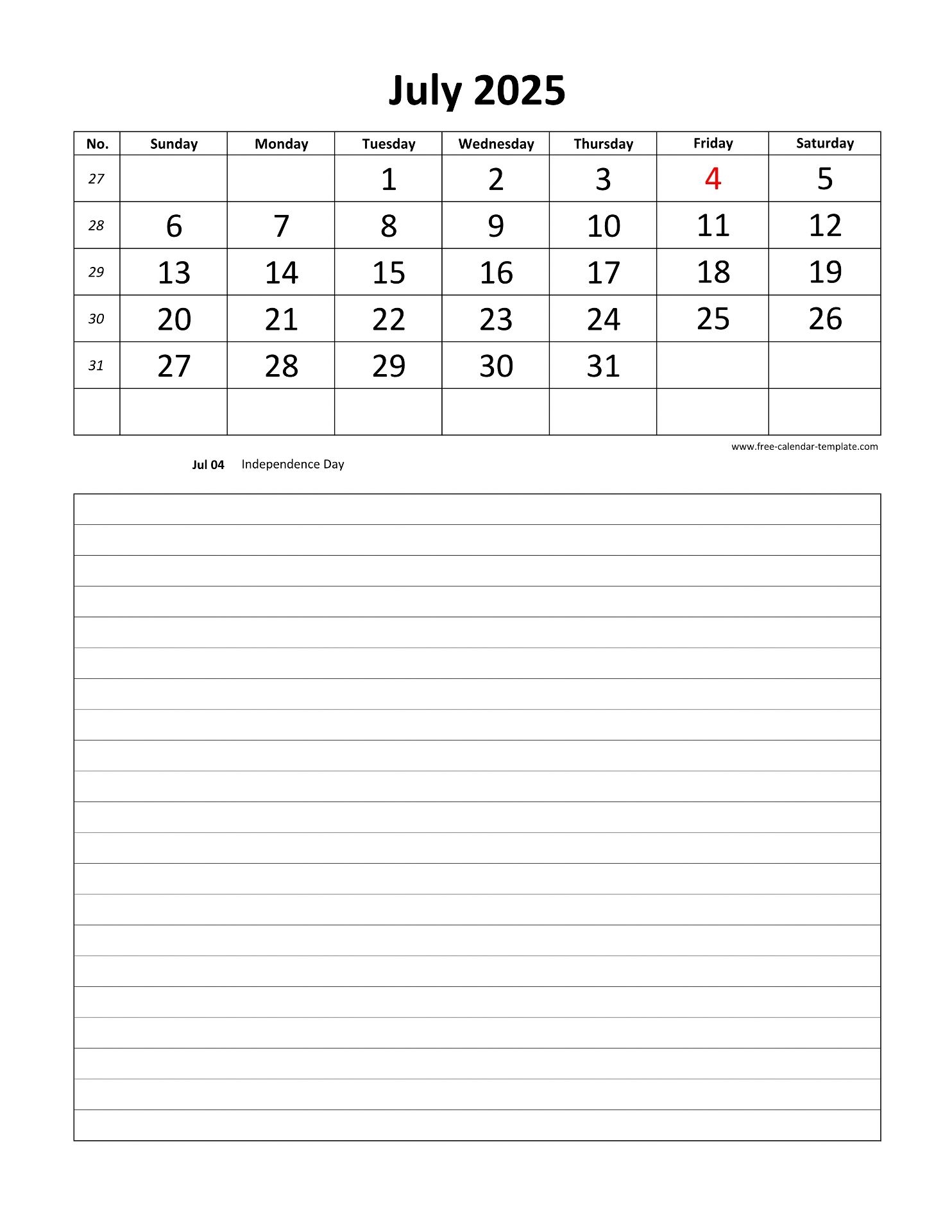 Printable 2025 July Calendar Grid Lines For Daily Notes vertical Free Calendar template