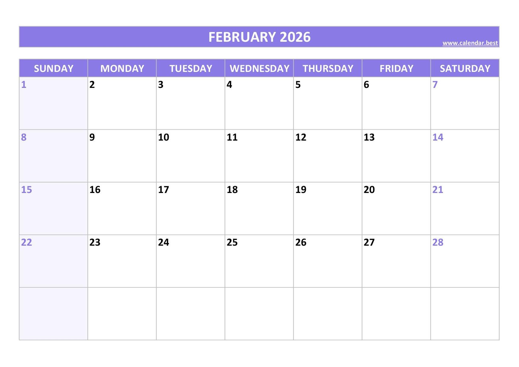 Free Printable 2026 Monthly Calendar February
