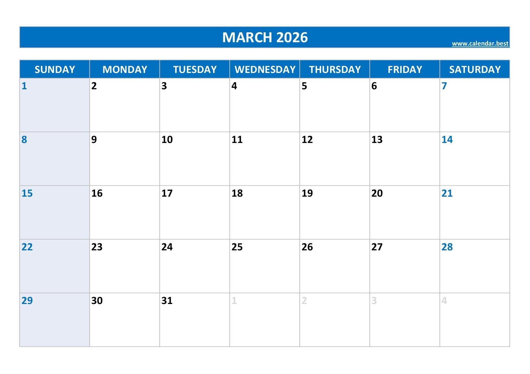 Printable 2026 Monthly Calendar Calendar best