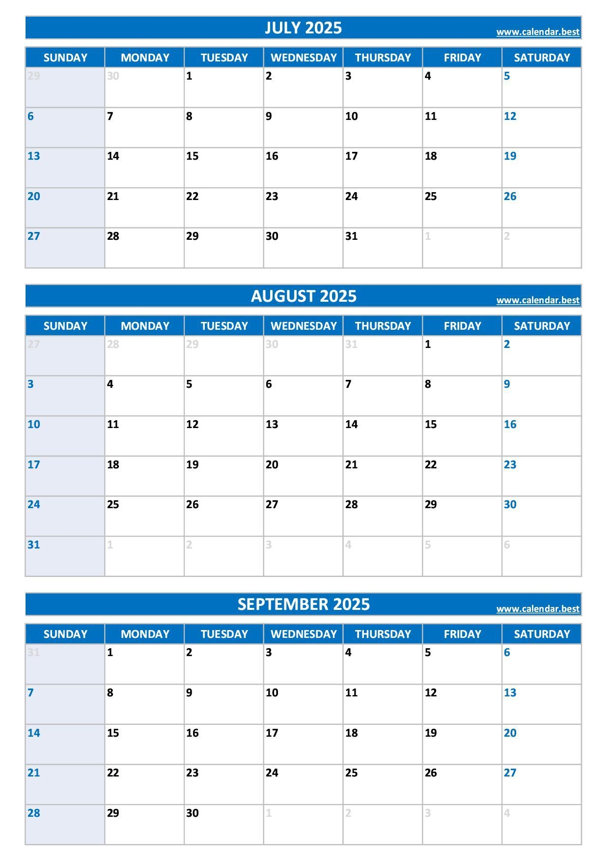Printable 3rd Quarter 2025 Calendar