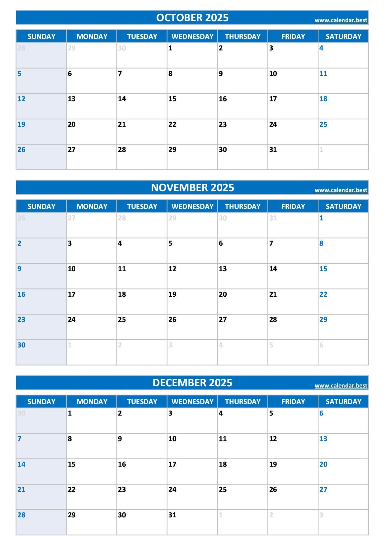Printable 4th Quarter 2025 Calendar