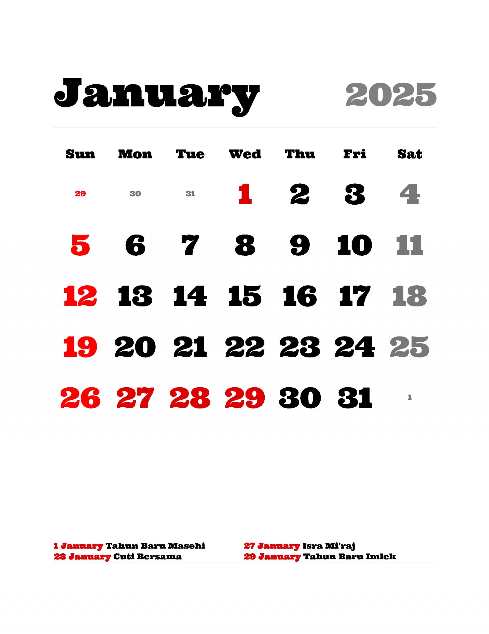 Printable Basic Calendar With Bold Slab Font Layout