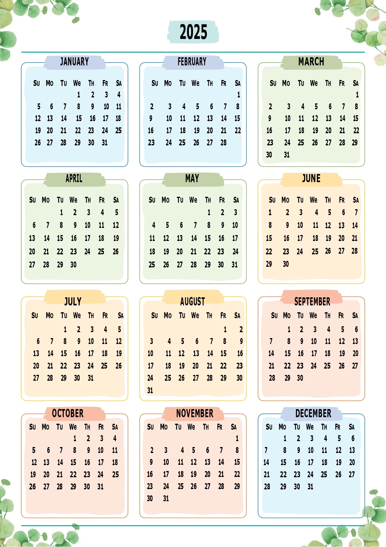 Printable Calendar 2025 One Page With Holidays Single Page 2025 Yearly Blank PDF Templates