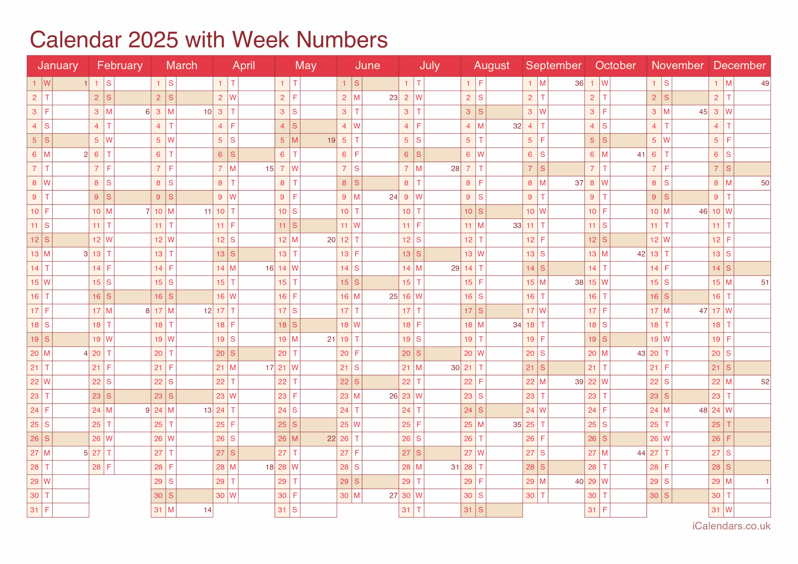 Free Printable Calendar 2025 Uk With Week Numbers