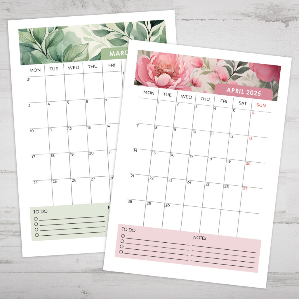 Printable Calendars 2025 Watercolor Floral Space And Quiet