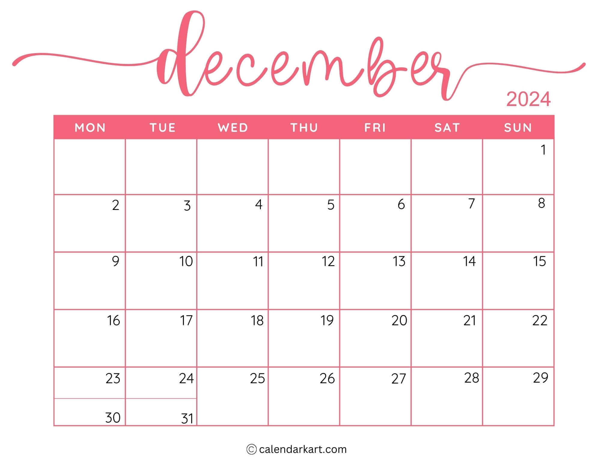 Printable December 2025 Calendars Free Pdf CalendarKart