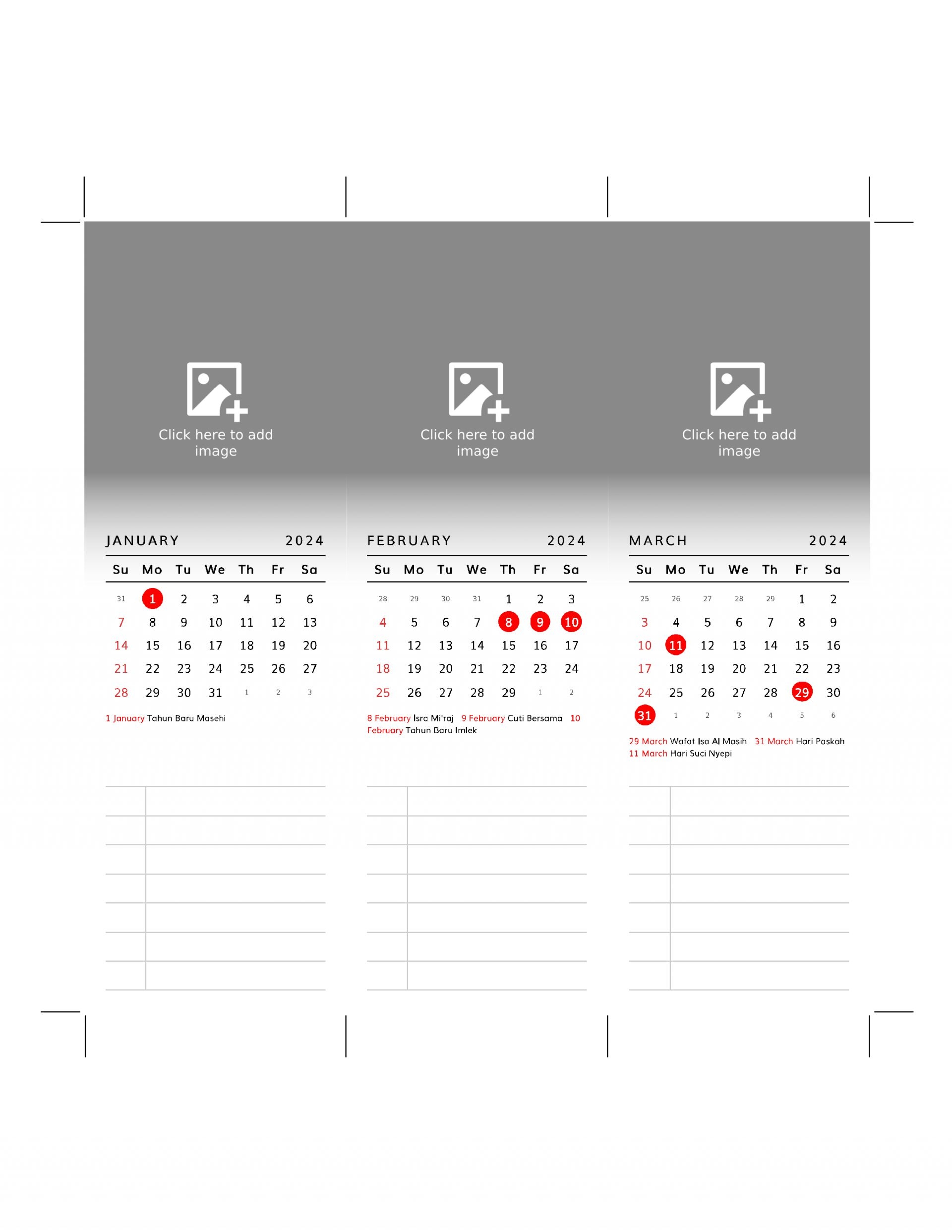 Printable Long Vertical Bookmark Calendar With Notes And Picture Layout