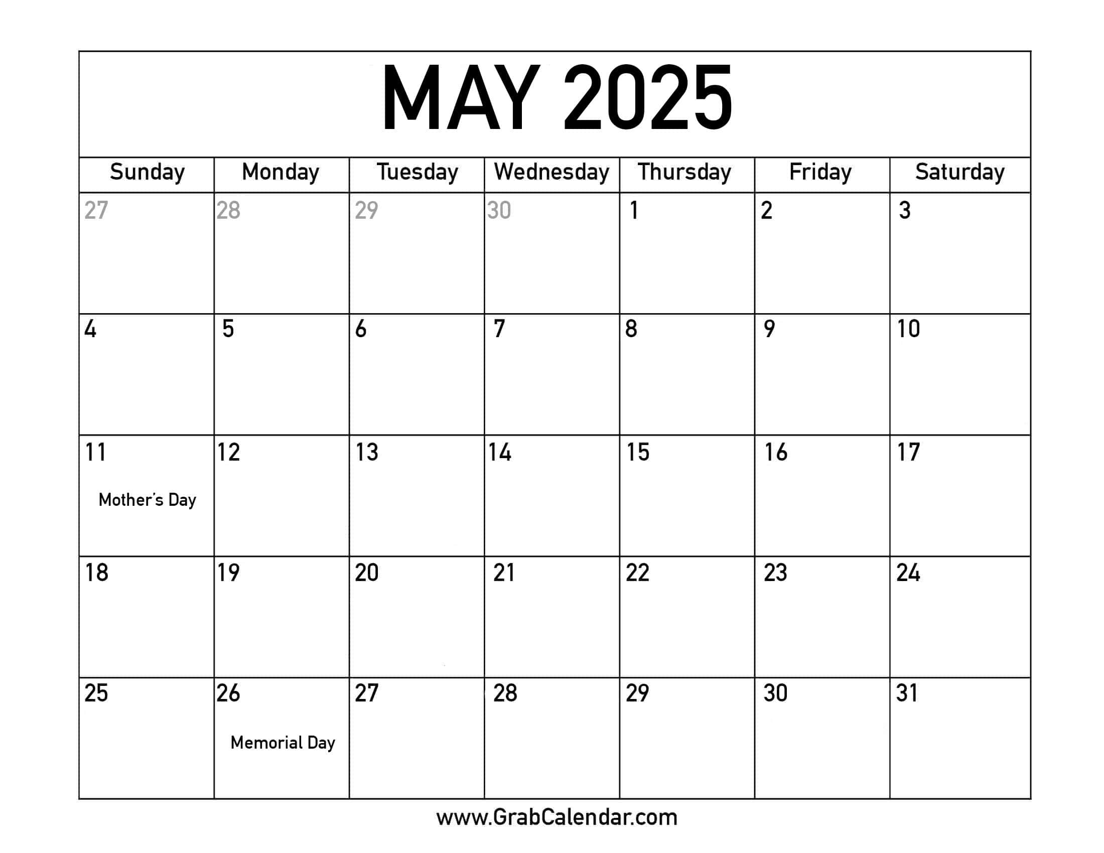 Printable May 2025 Calendar