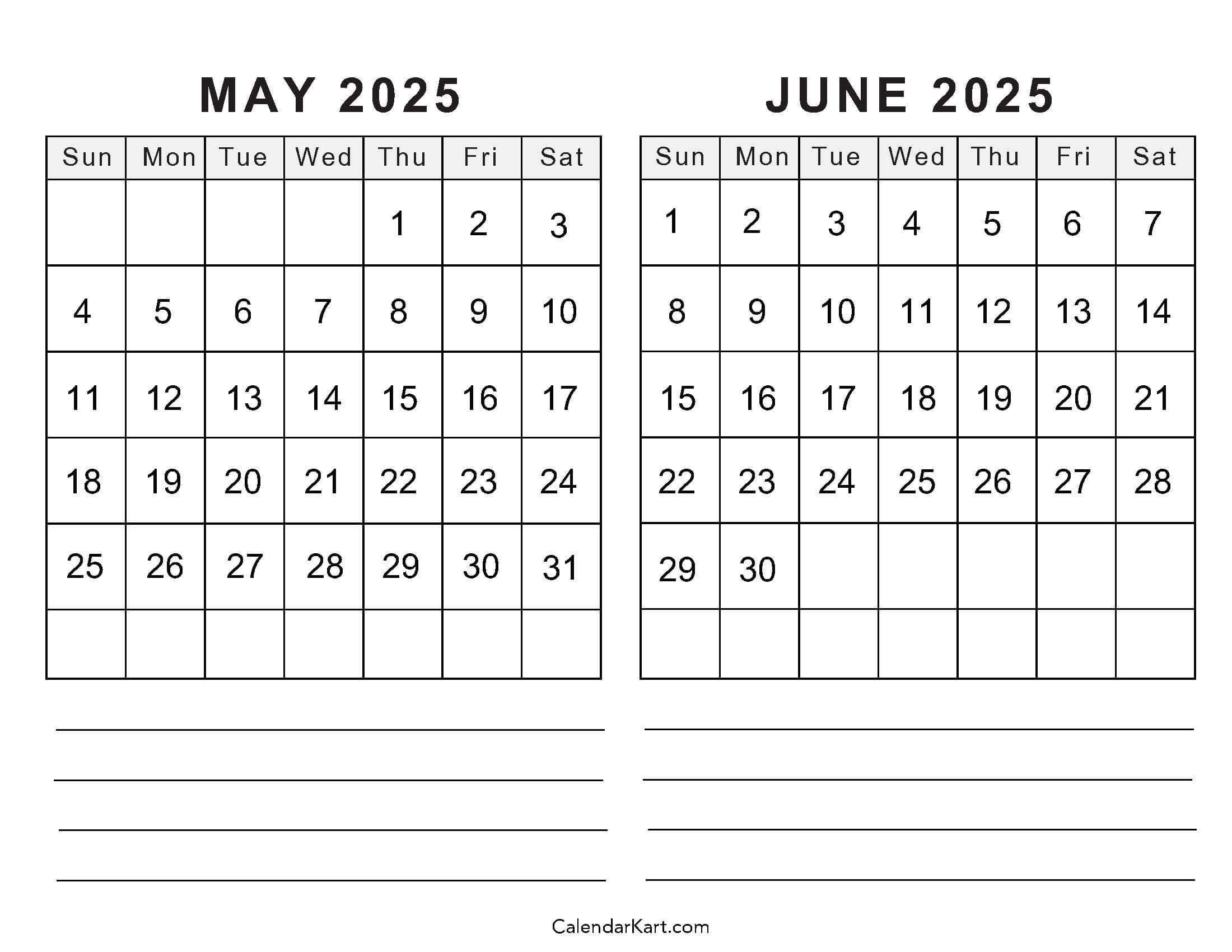 3 Month Calendar 2025 May June July