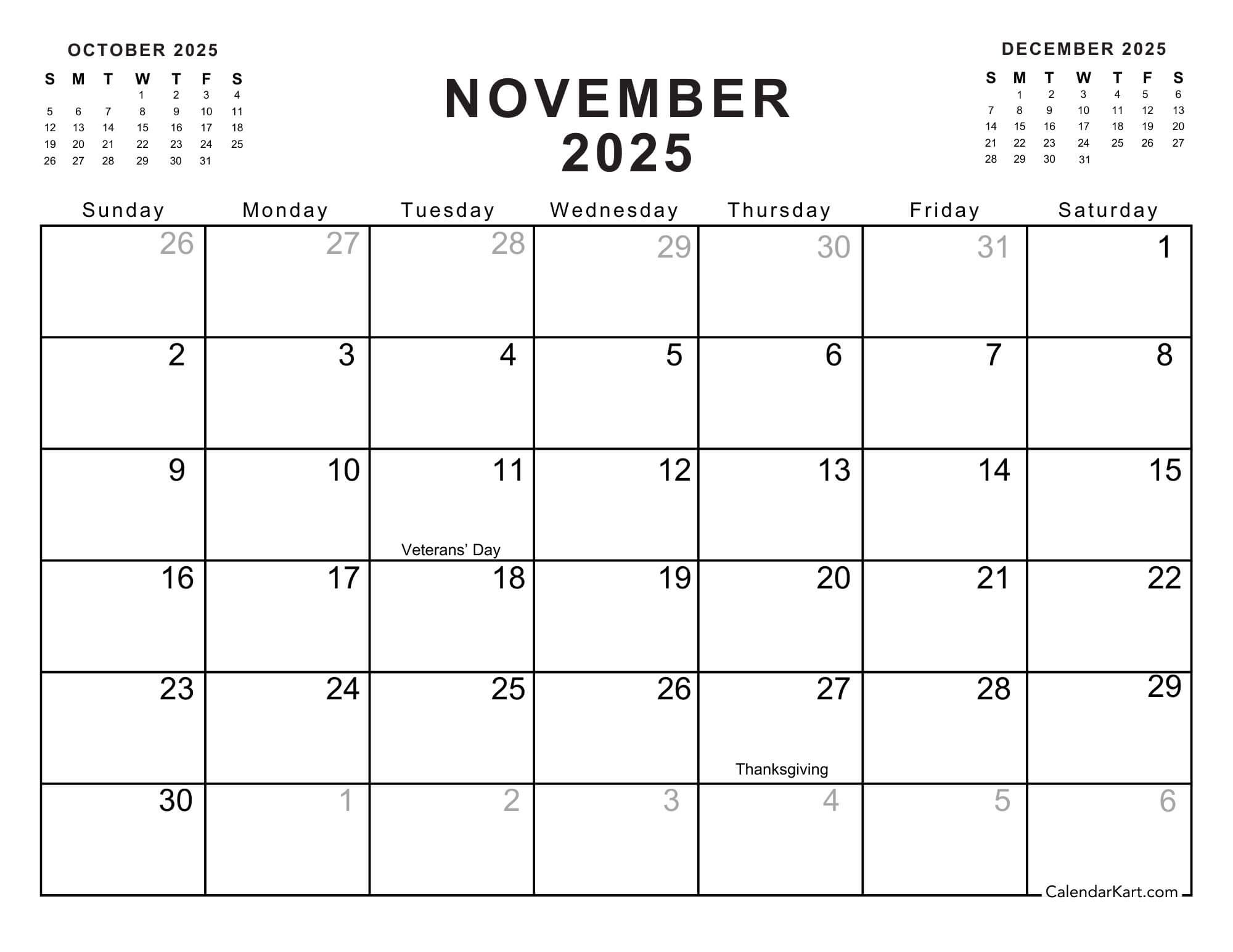 Printable November 2025 Calendars Free Pdf CalendarKart
