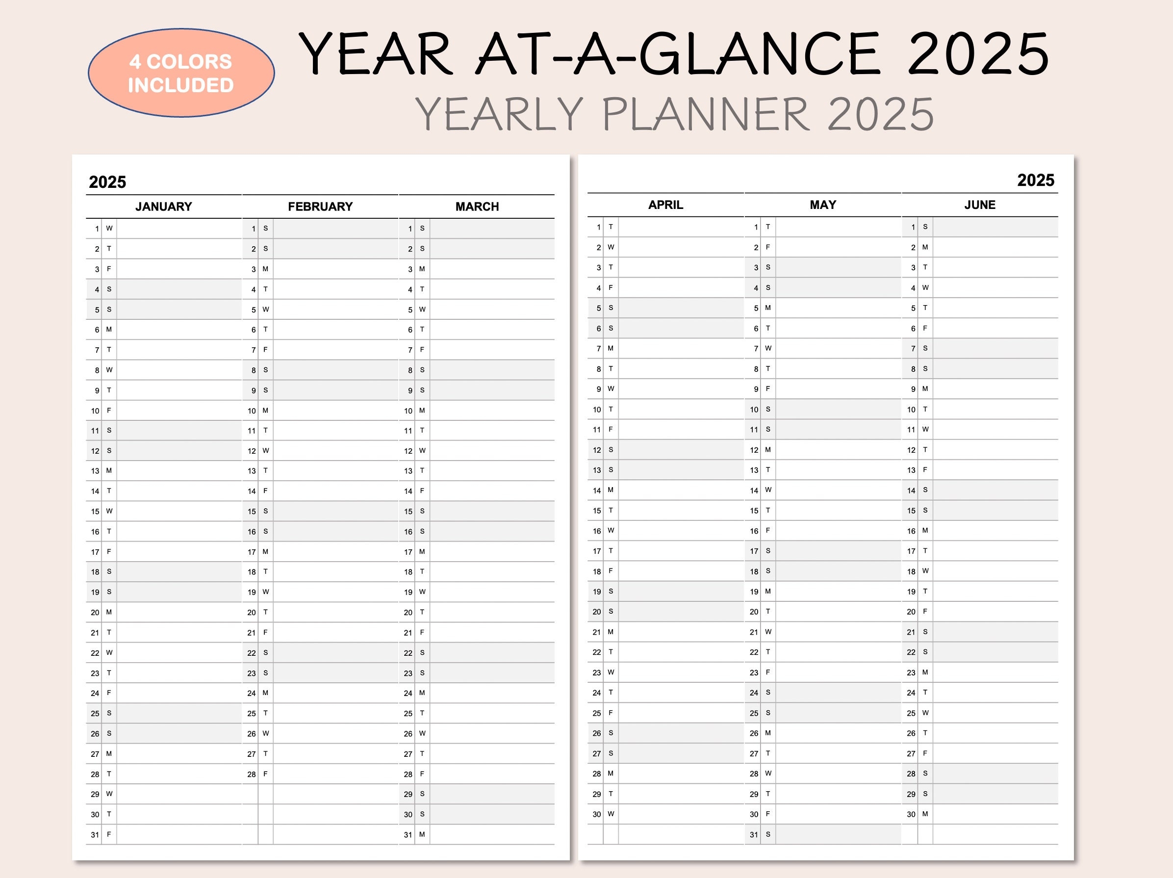 Printable Yearly Planner Calendar 2025 Yearly Overview 2025 Year 