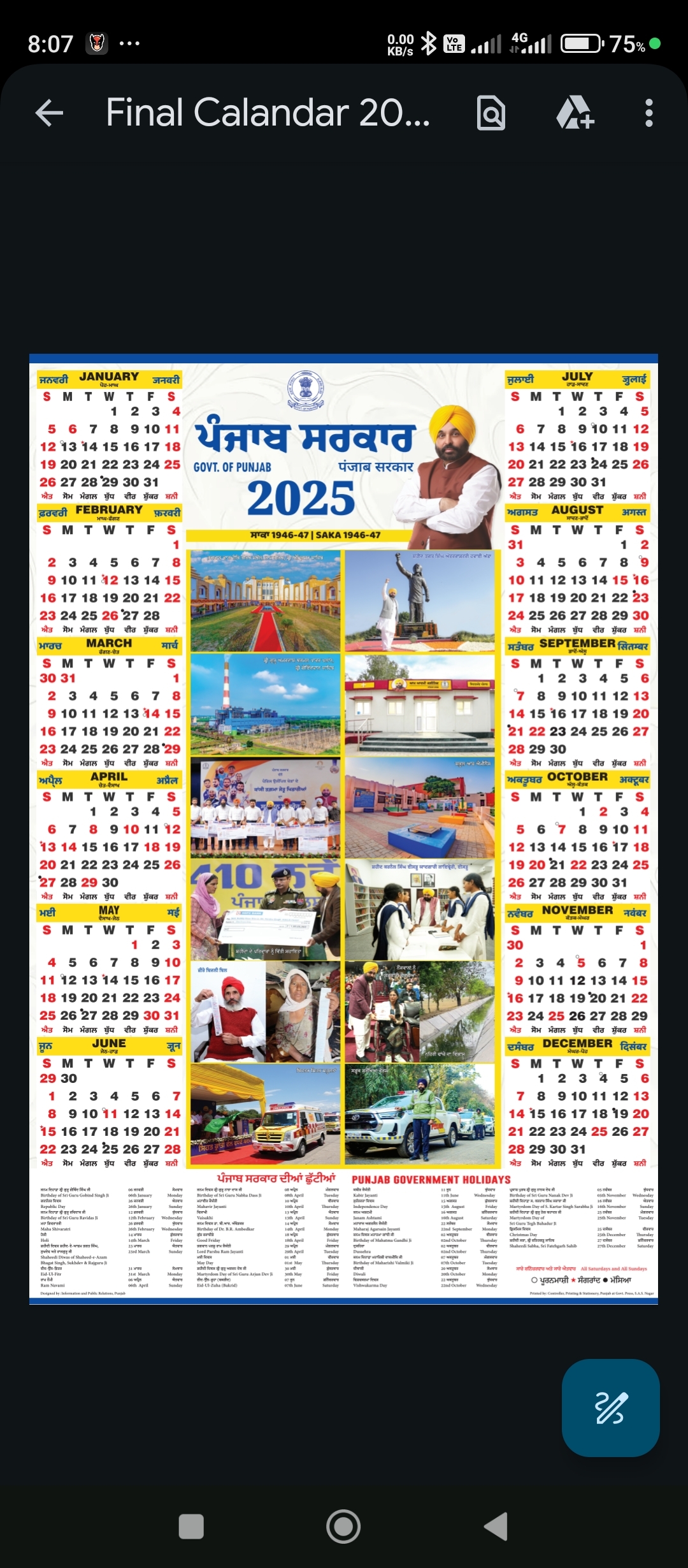 Punjab Govt Official Calendar 2025 PDF File Service Matter Solutions Punjab