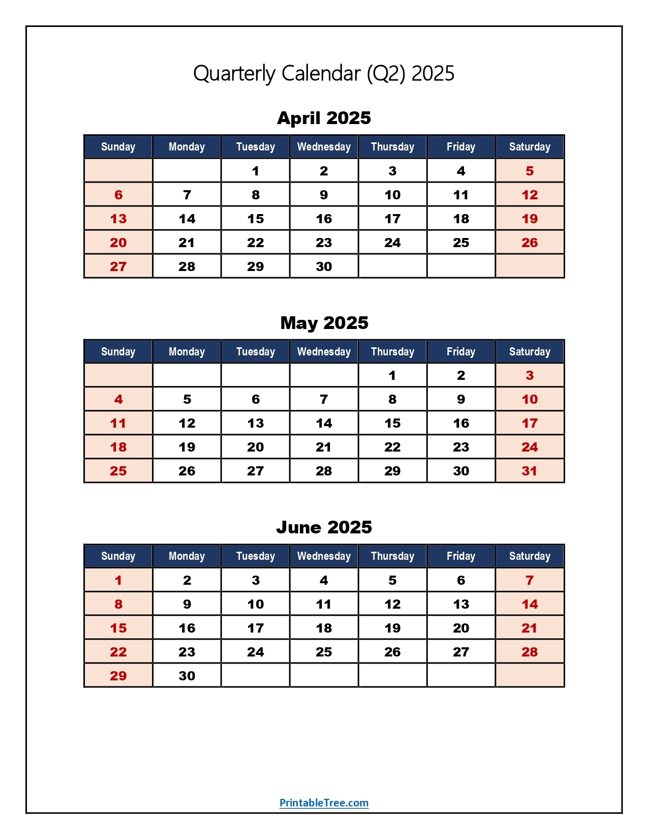 Q2 Quarterly Calendar 2025 Printable PDF Templates