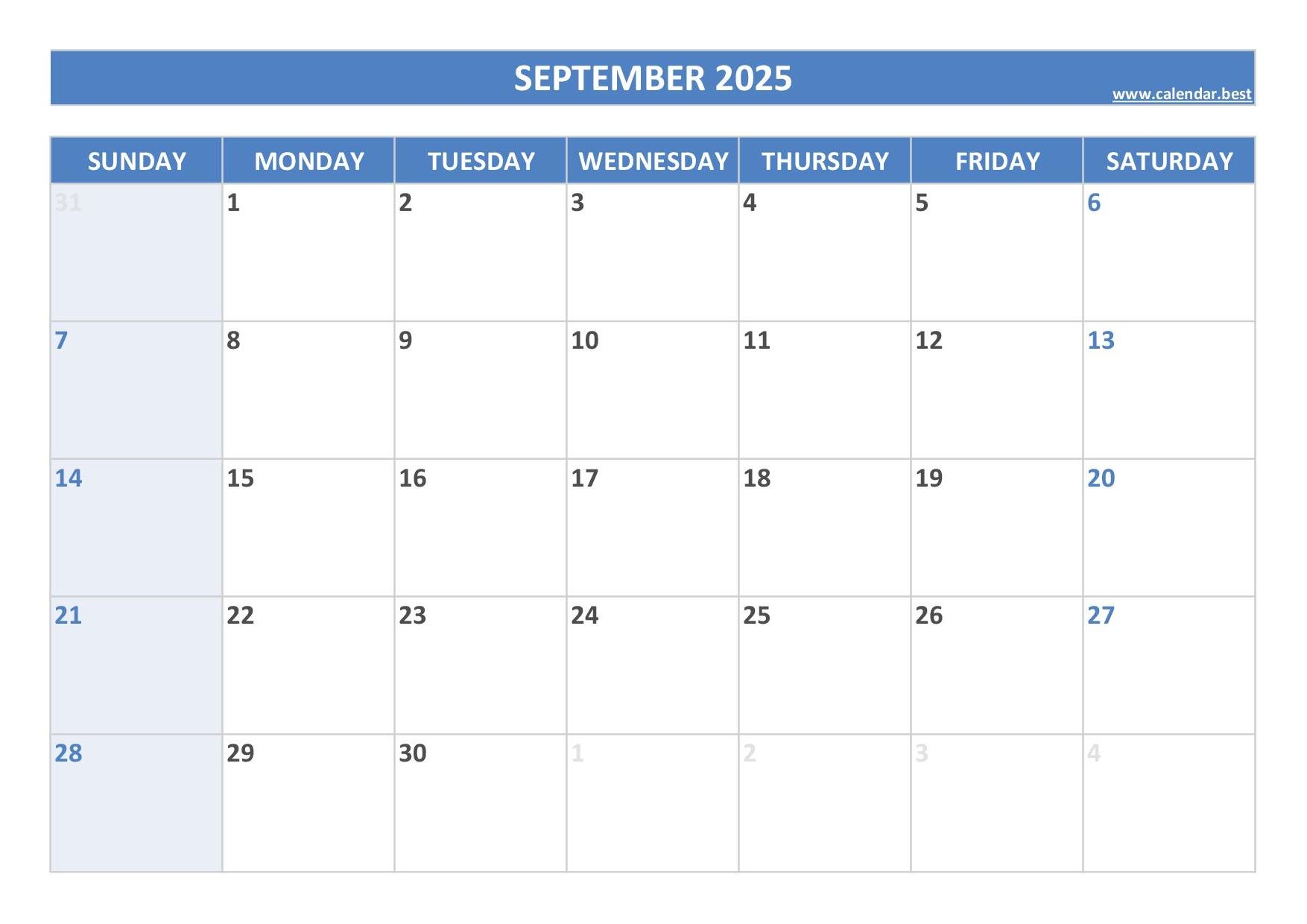 September 2025 Calendar Calendar best