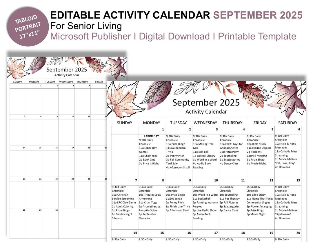 September 2025 Editable Monthly Activities Calendar For Senior Living Tabloid Size 17
