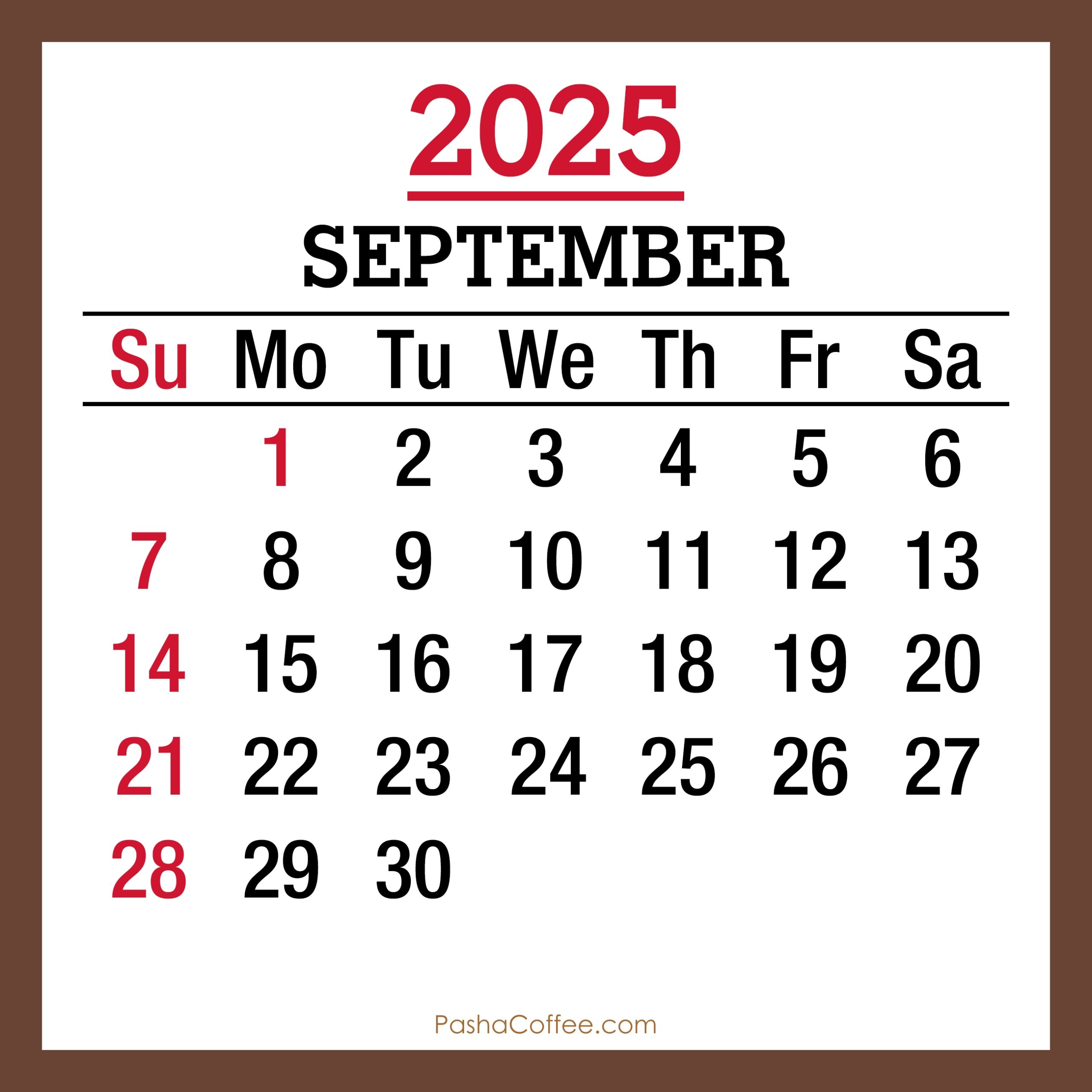 September 2025 Monthly Calendar With Holidays Printable Free Brown Sunday Start PashaCoffee