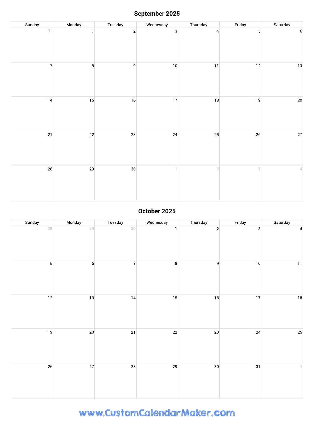 September And October 2025 Calendar Custom Calendar Maker