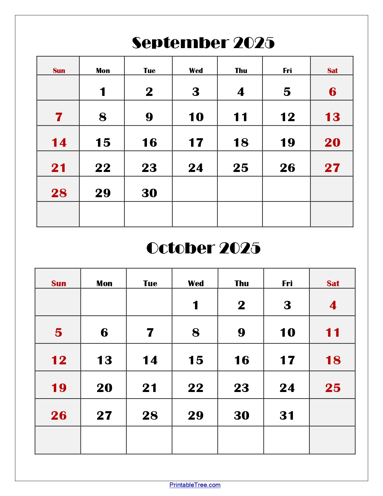 September And October 2025 Calendar Printable PDF Two Months 