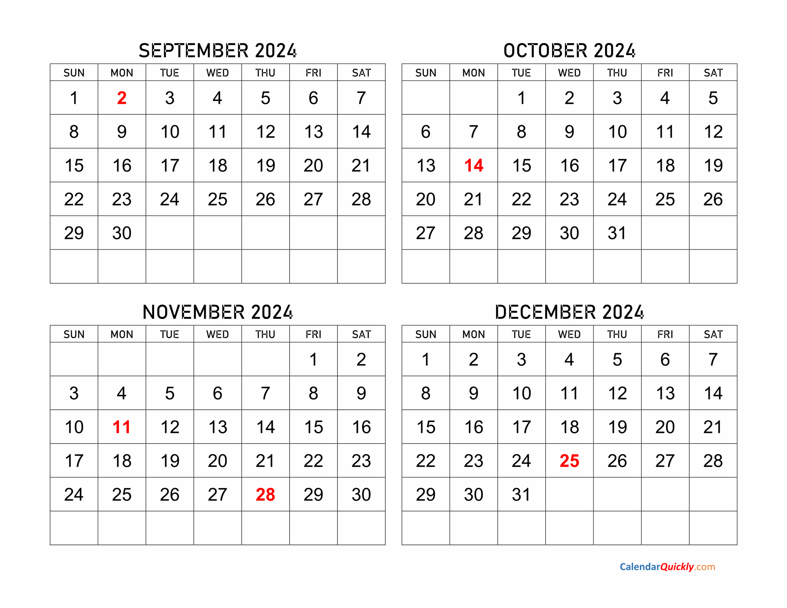4 Month Calendar September To December 2025 Printable