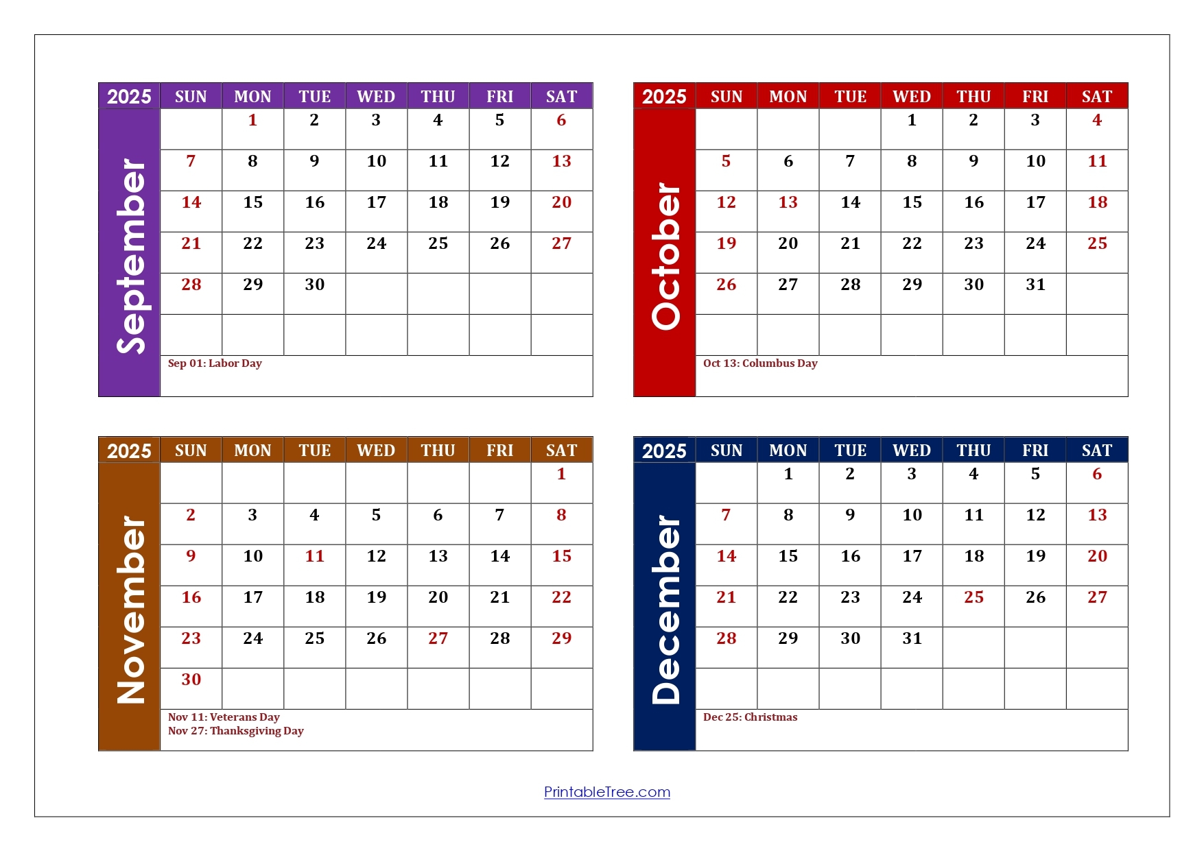 September To December 2025 Calendar Printable PDF Four Months Calendar