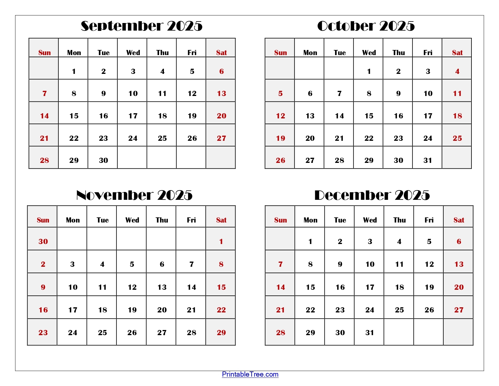 September To December 2025 Calendar Printable PDF Four Months Calendar
