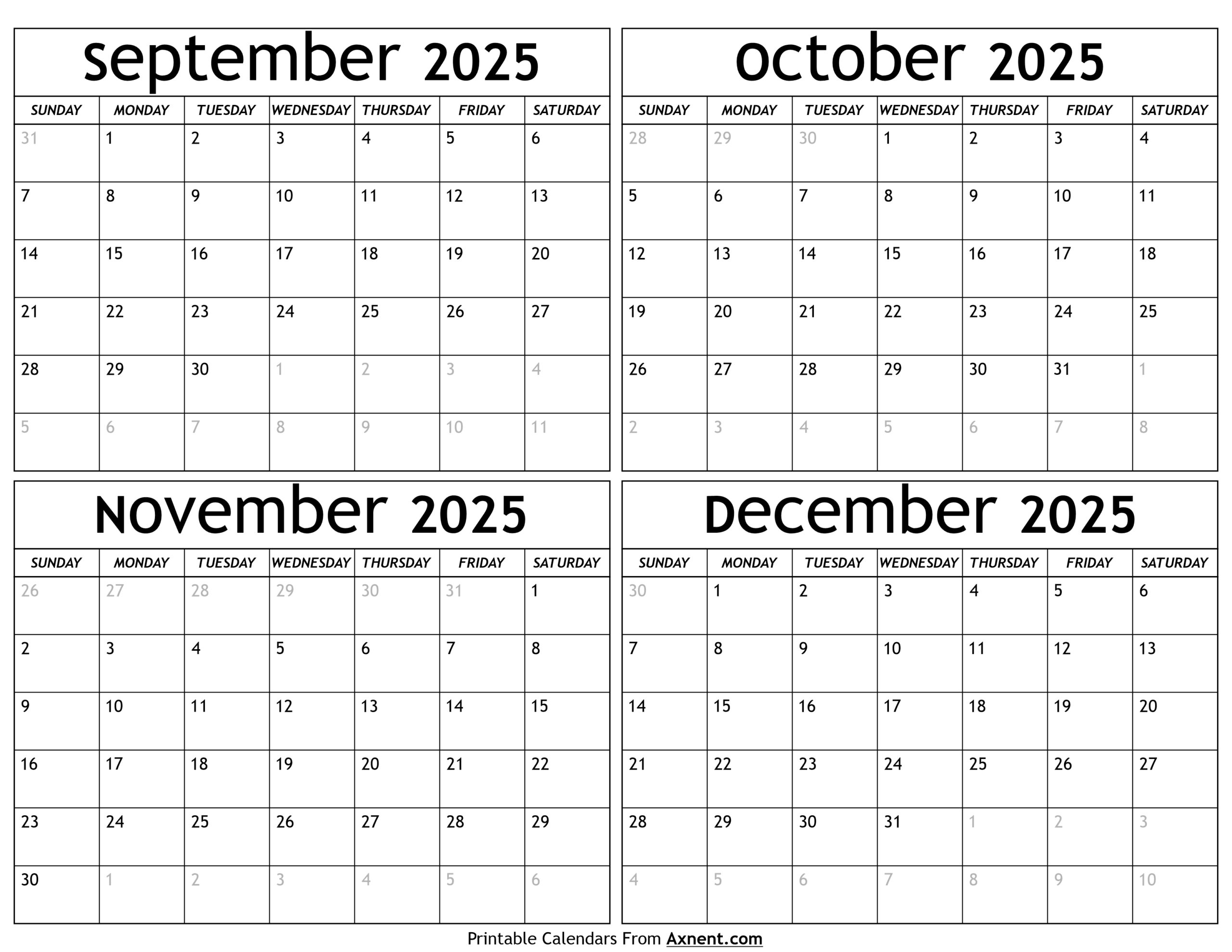 September To December 2025 Calendar Templates Four Months