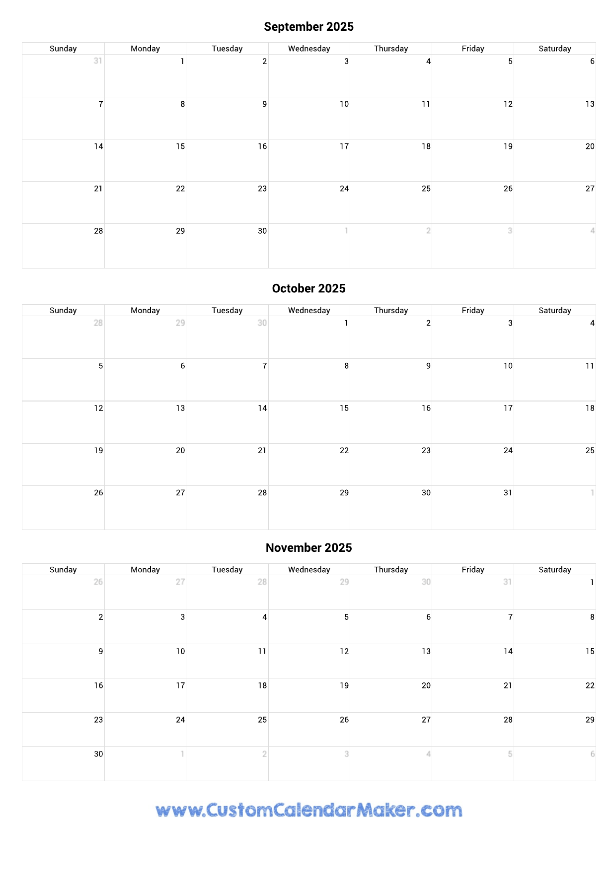 October November Calendar 2025