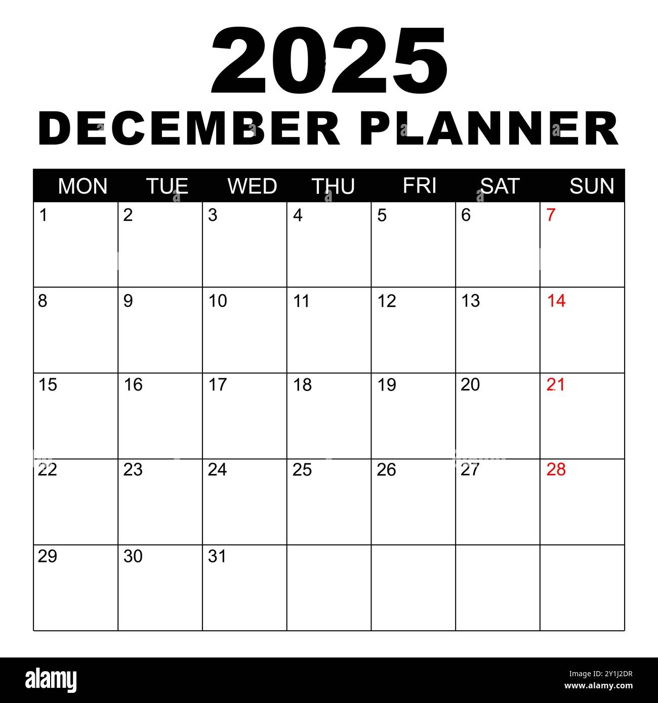 2025 Calendar Printable Starting Monday December