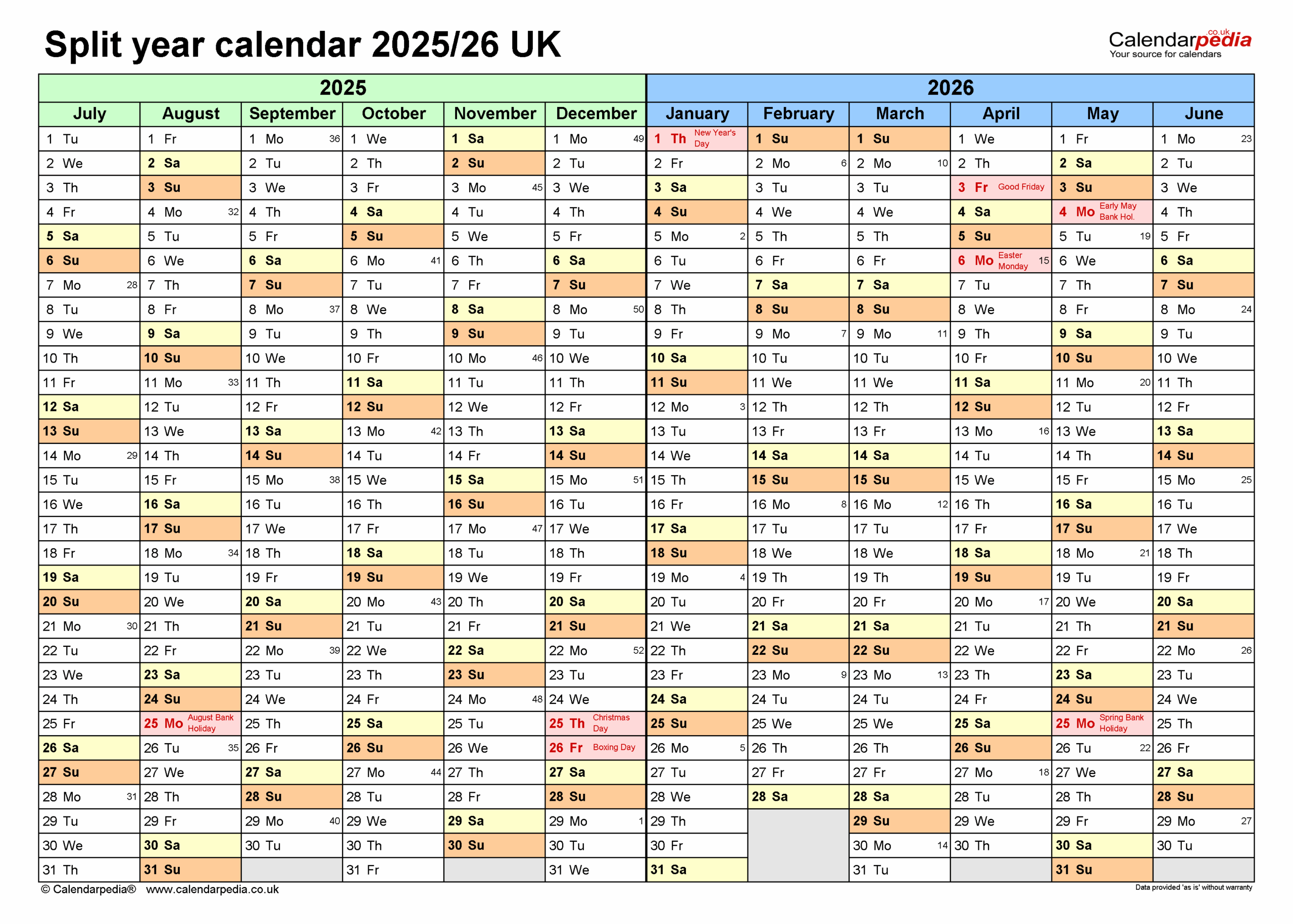 Split Year Calendars 2025 26 UK July To June For PDF