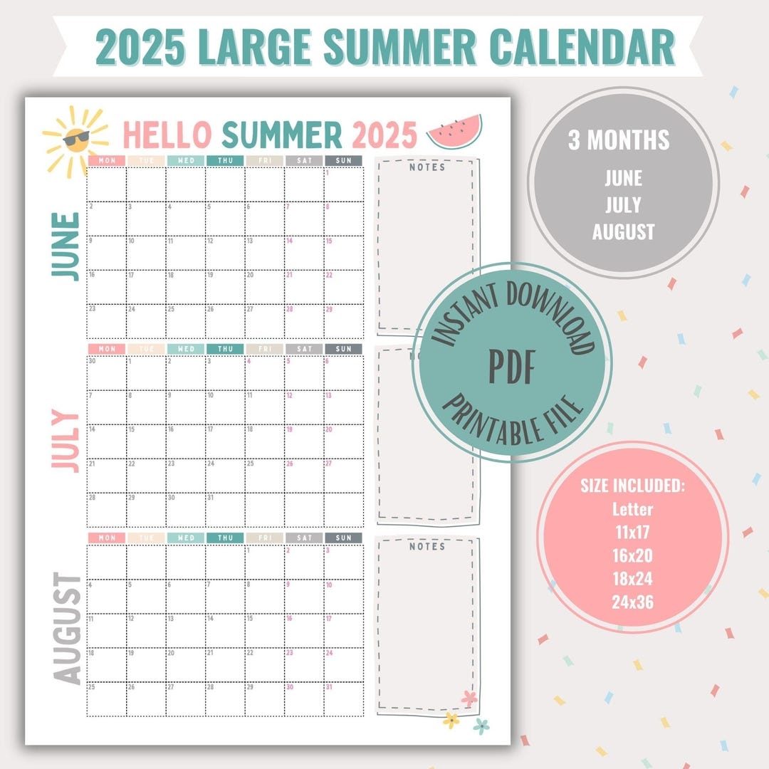 Summer Calendar Large Summer Planner Summer Poster Printable Digital Download Summer 2025 Schedule For Kids Fun Summer Calendar Etsy UK