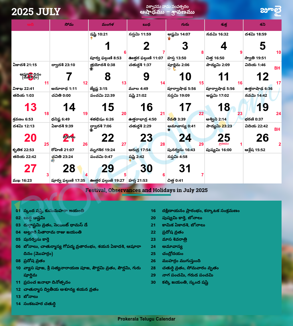 2025 July Calendar With Nakshatra
