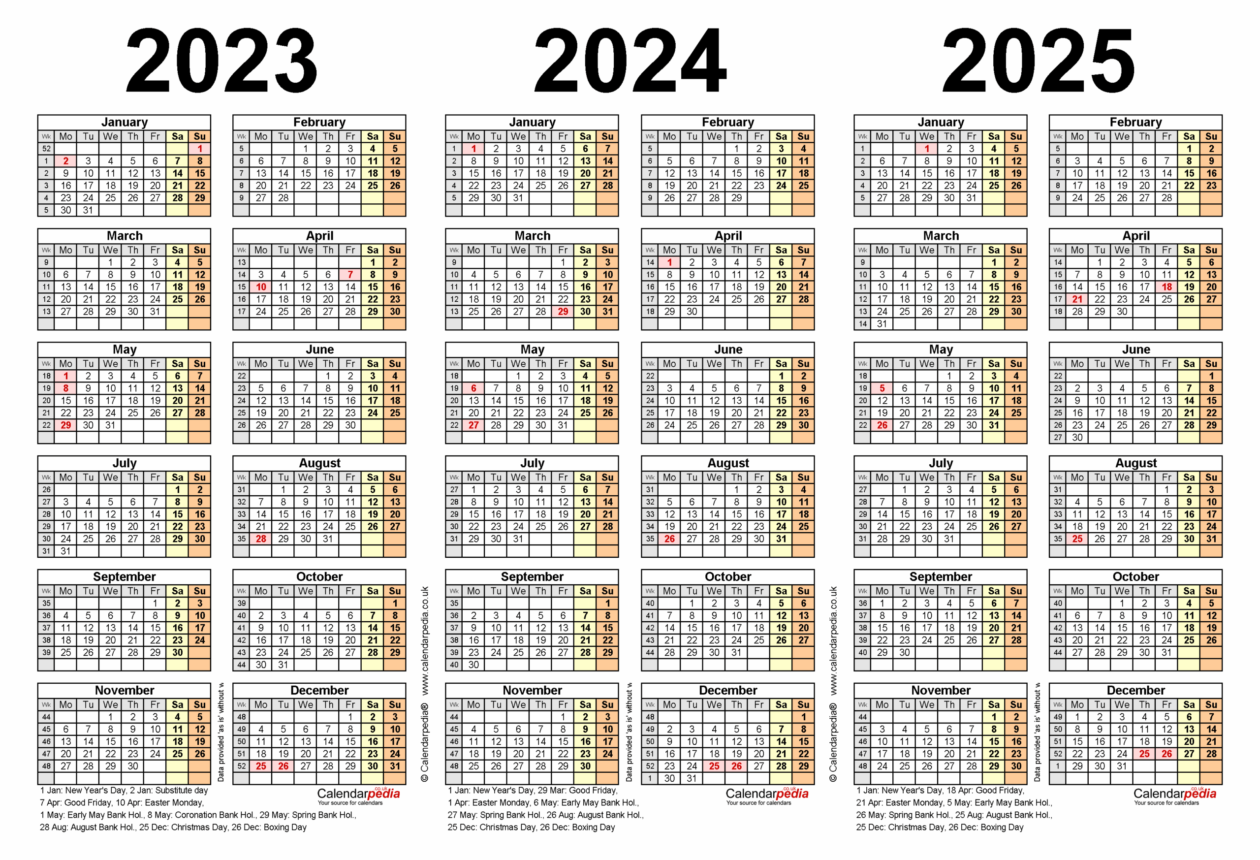 Three Year Calendars For 2023 2024 And 2025 UK For PDF
