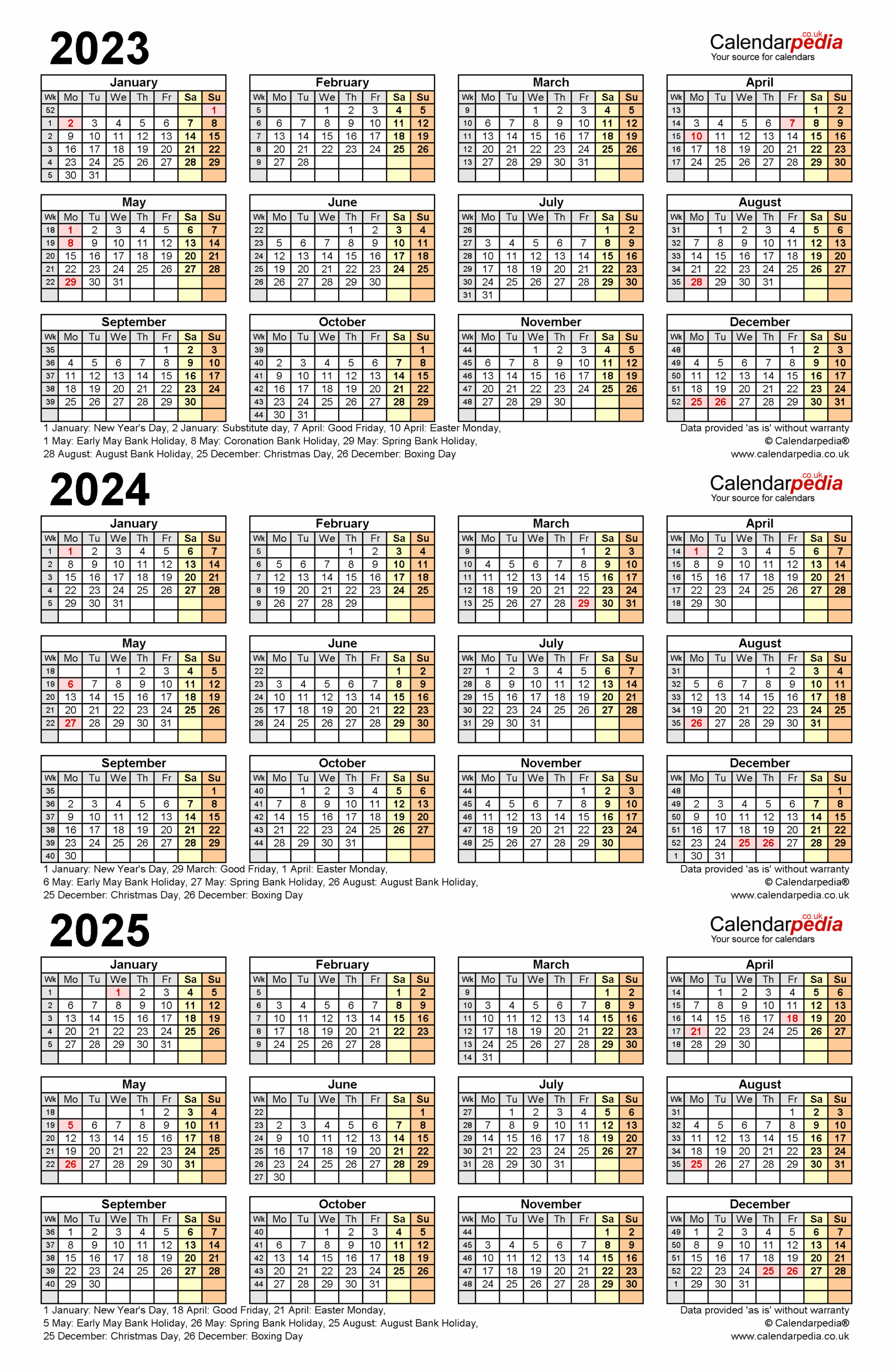 Three Year Calendars For 2023 2024 And 2025 UK For PDF